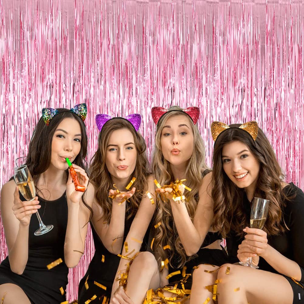 2 PCS 6.5×8.2ft Pink Foil Fringe Tinsel Curtains for Birthday Party Backdrop