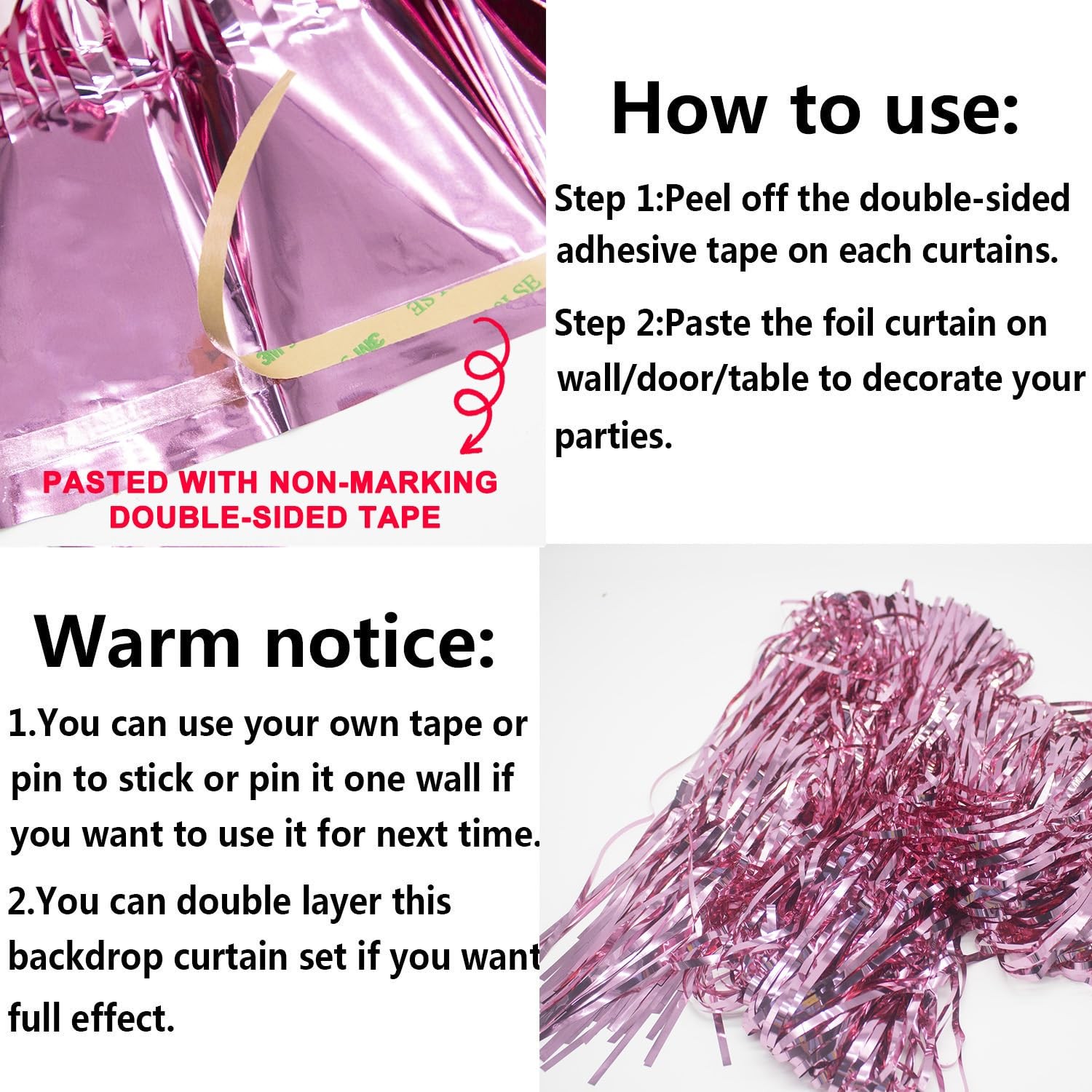 2 PCS 6.5×8.2ft Pink Foil Fringe Tinsel Curtains for Birthday Party Backdrop