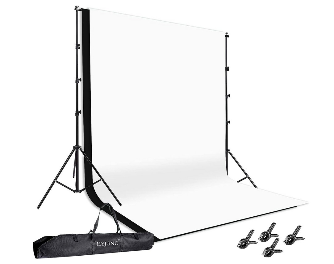 Photo Background Stand Kit 8.5’x10′ Muslin White & Black Backdroops 4 Clamps Bag