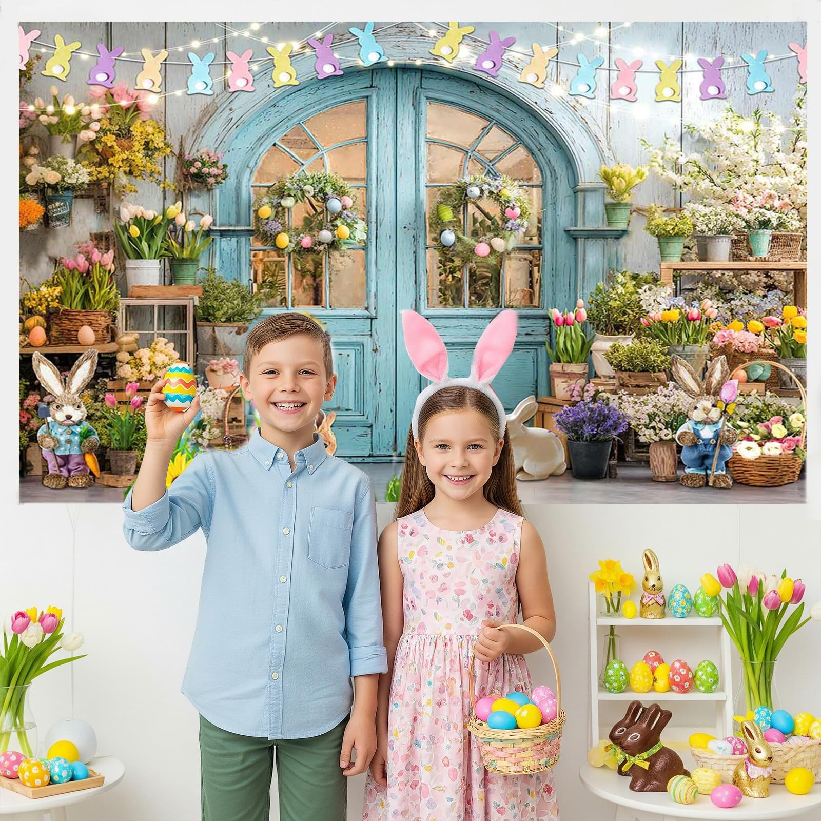 Easter Backdrop Blue Wooden Doors Brick Bunny Rabbit Photo Banner Spring Shop..