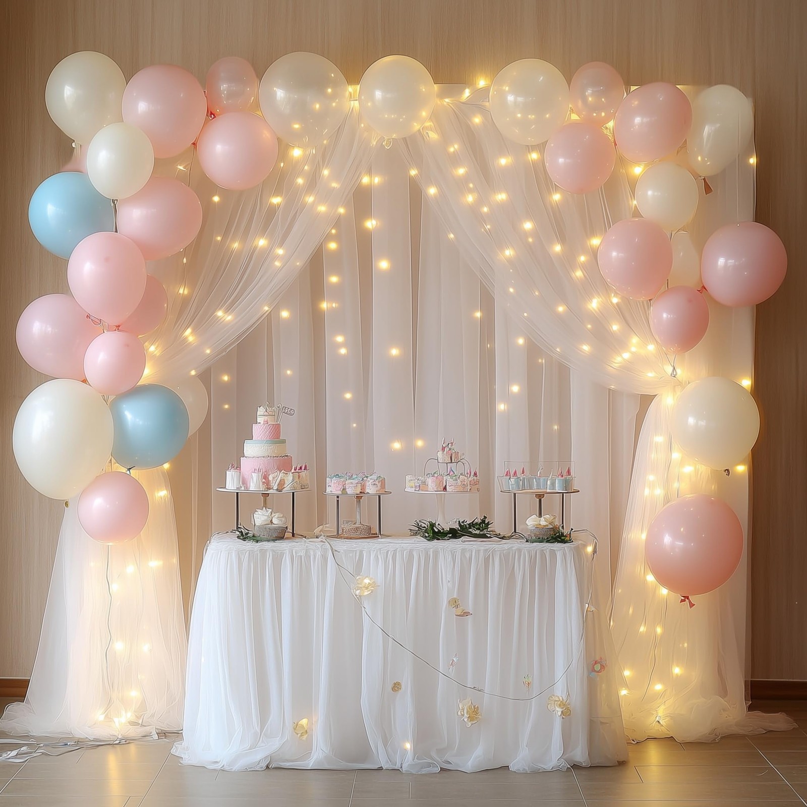 Tulle Backdrop Curtain With Lights String 10×8 FT White Sheer 2 Panels Box