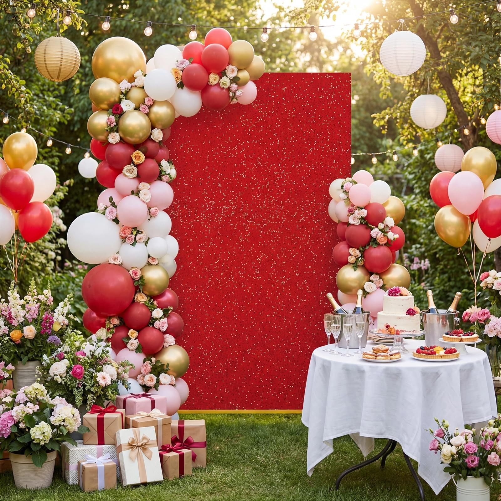 Square Wedding Arch Backdrop Cover, 6.6×4 Ft Velvet Red Sequin Backdrop Stand…