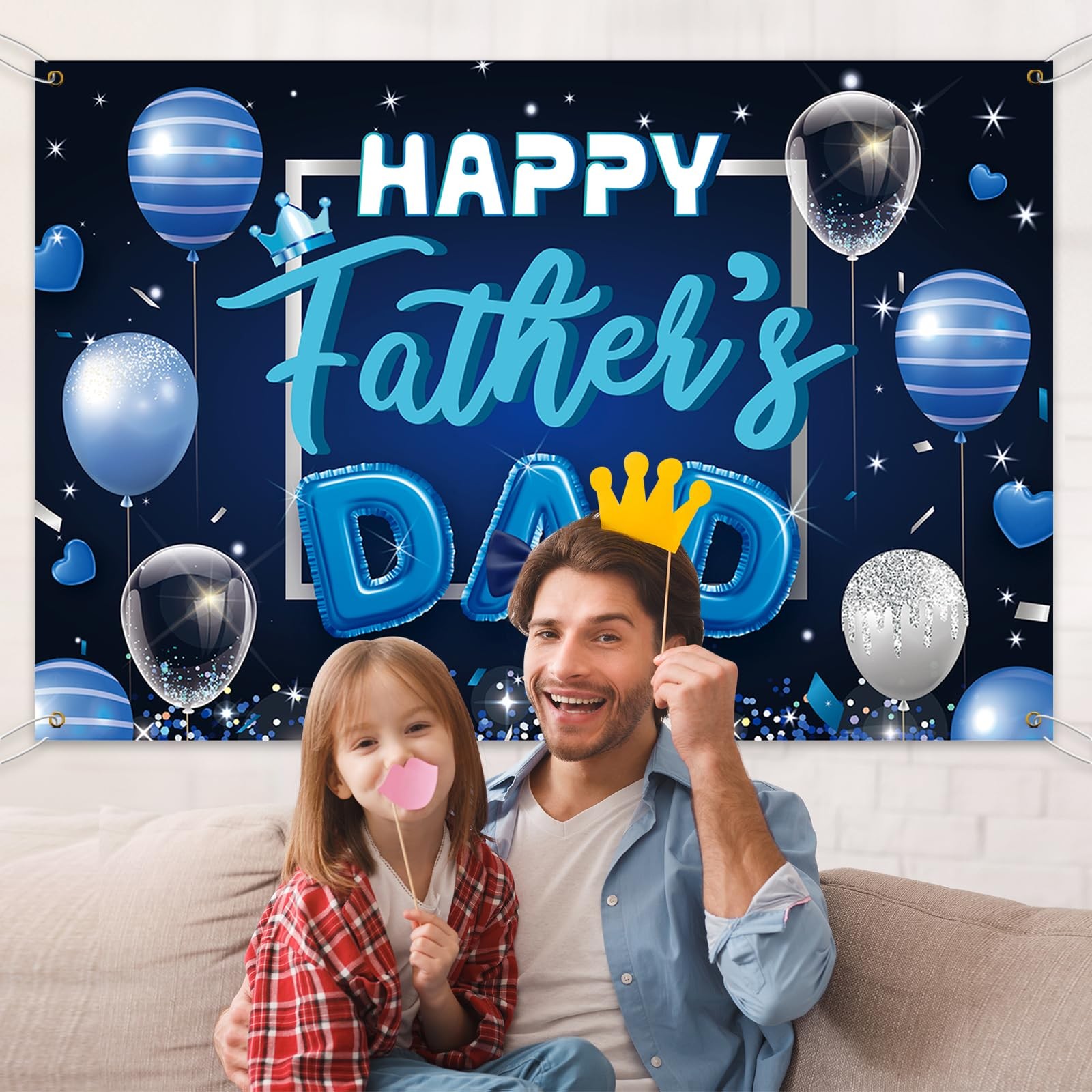 Happy Father’s Day Backdrop Banner -Blue Theme Fathers Day Photo Booth Props
