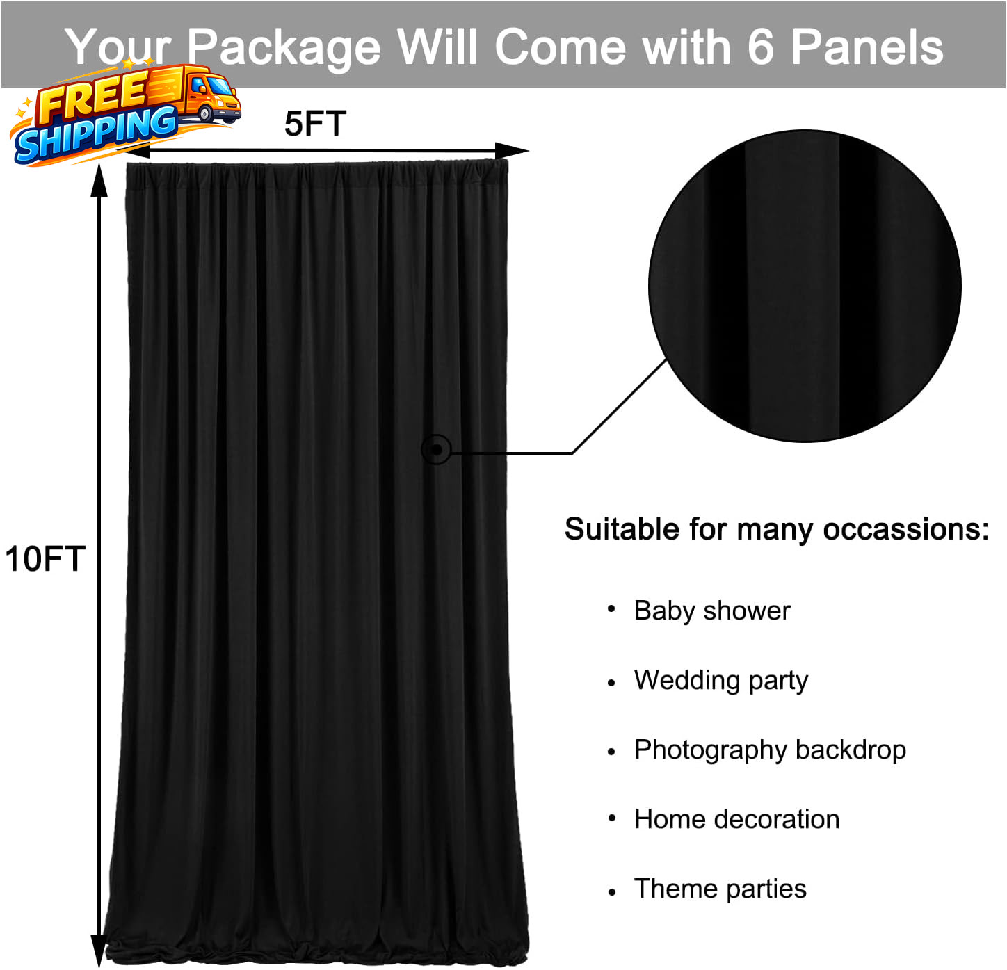 30Ft X 10Ft Wrinkle Free Black Backdrop Curtain for Parties 6 Panels 5X10Ft