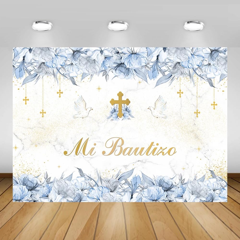 7x5ft Mi Bautizo Backdrop, Boy, Blue Floral, First Communion, God Bless