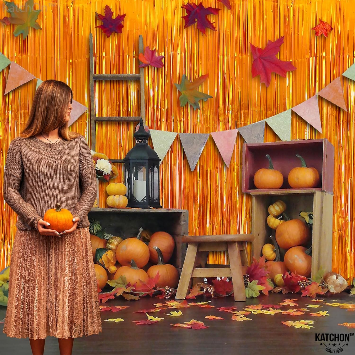 Xtra Large Orange Fringe Backdrop Curtain 3.2×8 Feet, Pack of 2 for Events