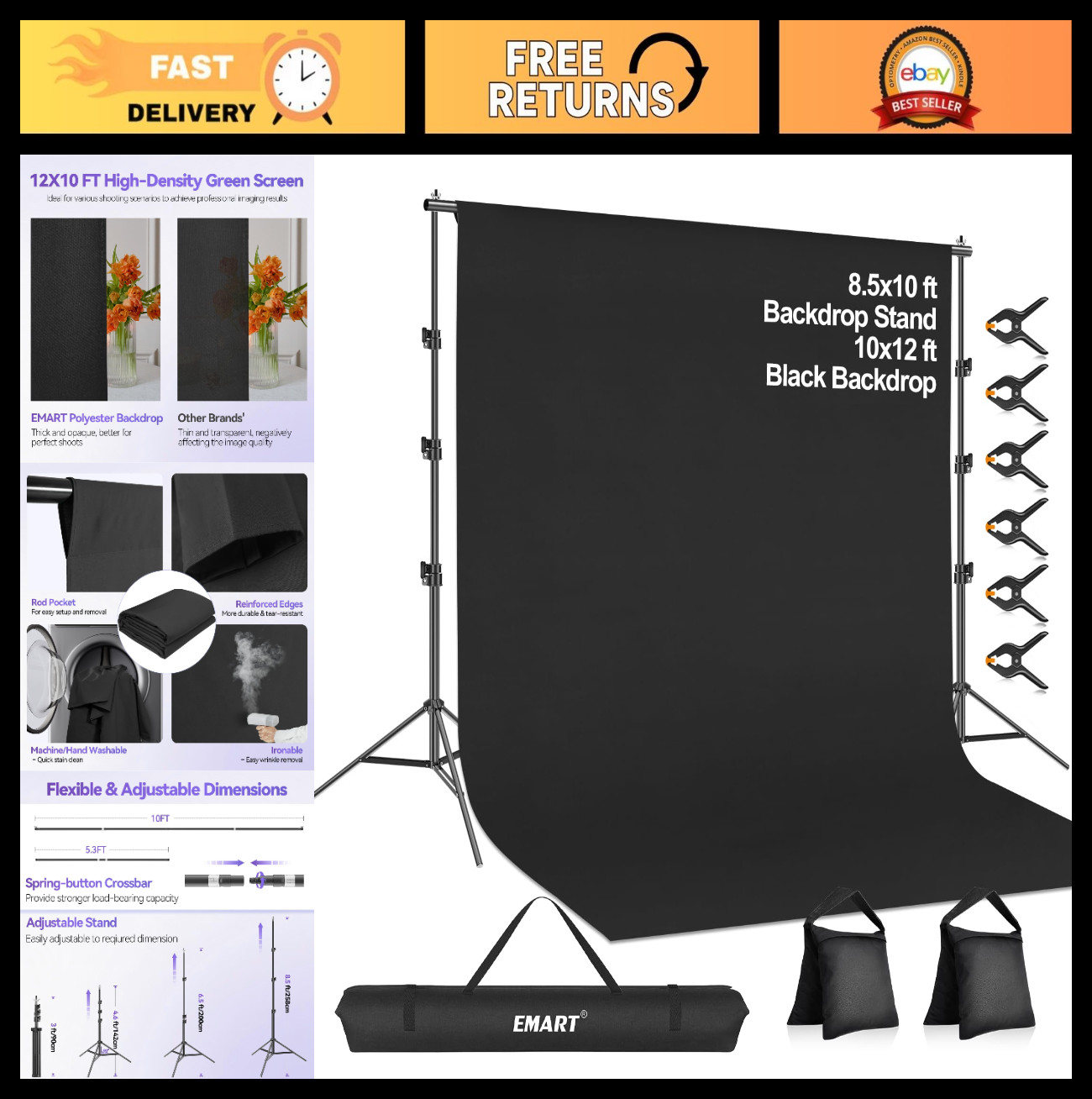 Adjustable Photo Backdrop Stand Kit 8.5x10ft with 12x10ft Black Background for P