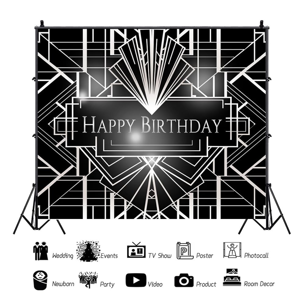 Black and Silver Birthday Backdrop 10x8ft Happy 10x8ft,