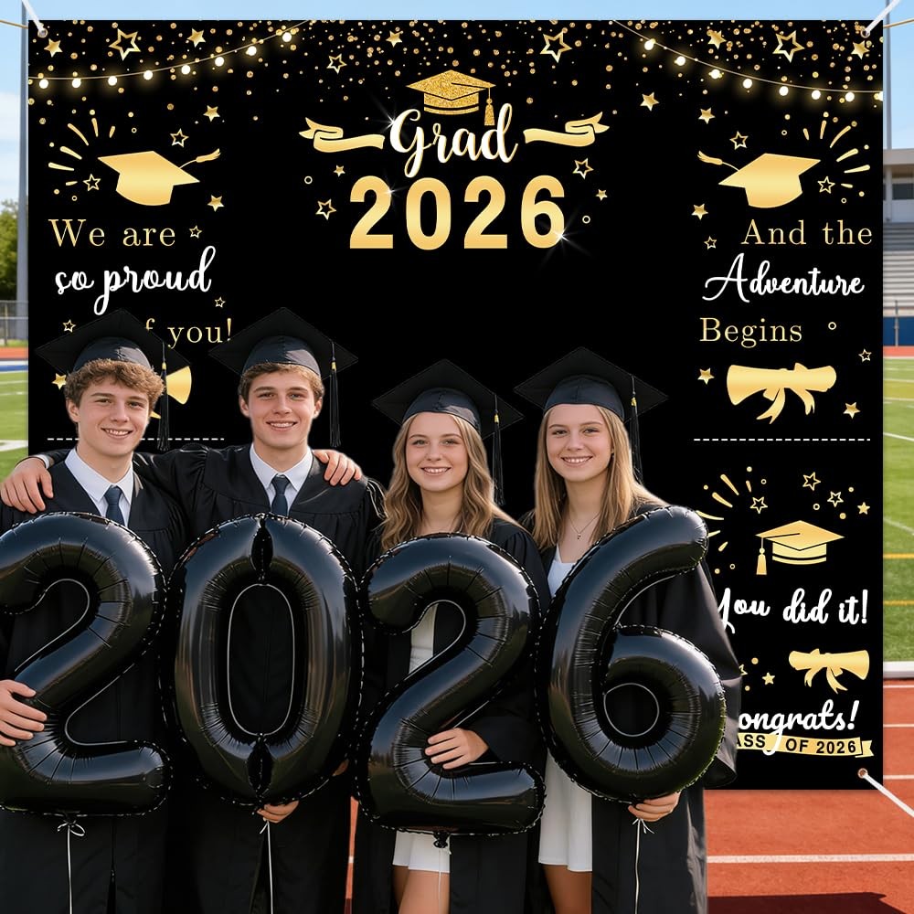Class of 2026 Graduations Backdrop Black Gold Congrats Party Photo Backgrou