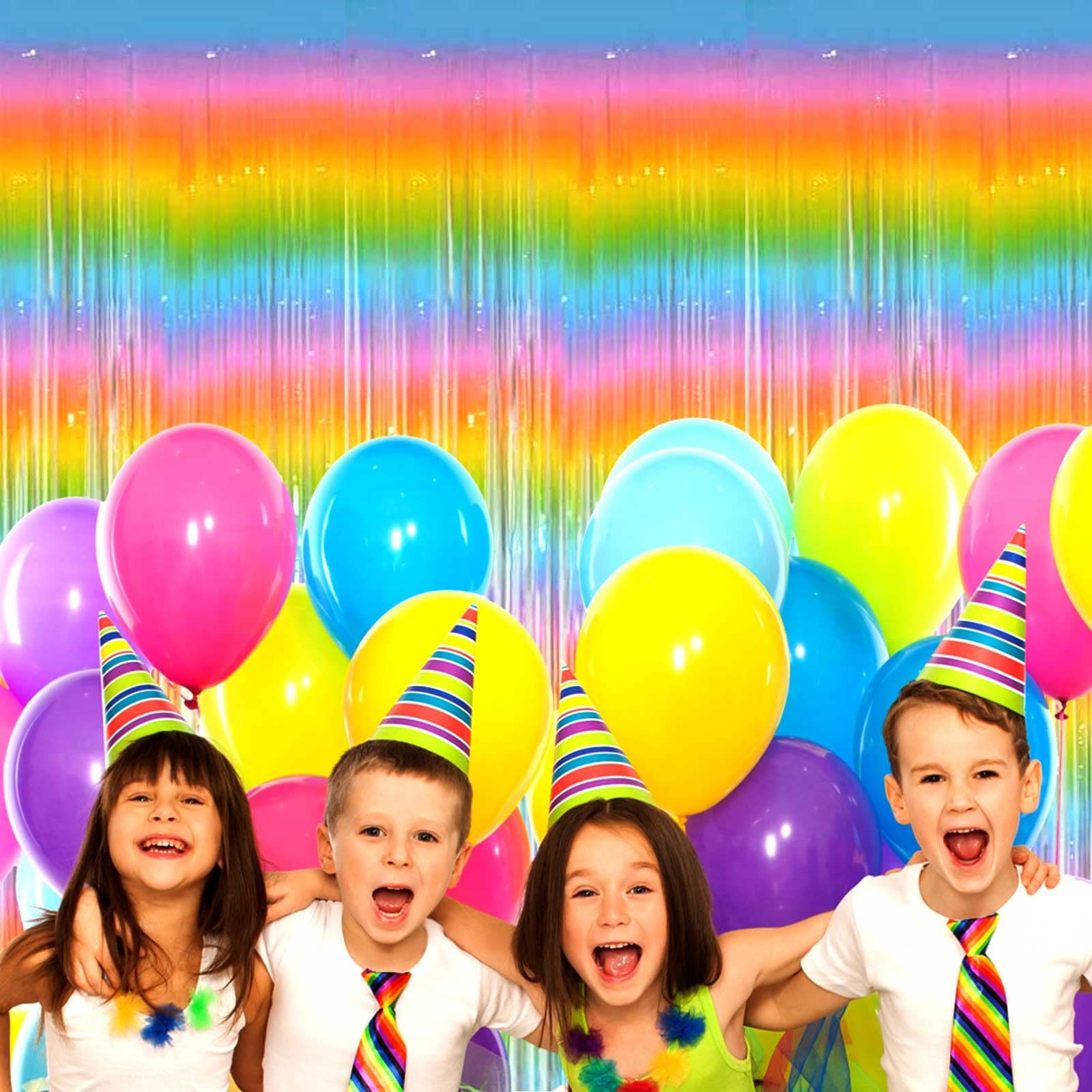 4 Pack Macaron Rainbow Foil Fringe Curtain Backdrop 3.28×8.2 Ft Streamers