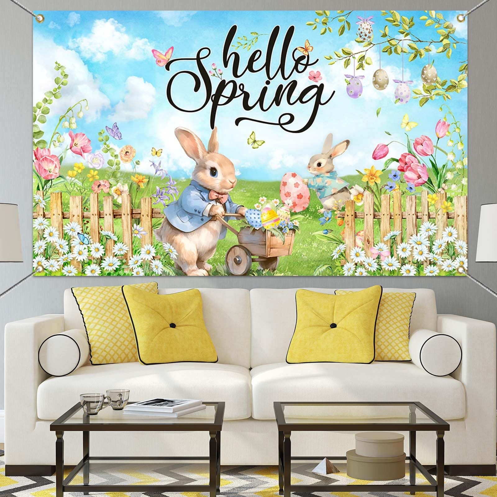 Mocsicka Hello Spring Backdrop Easter Party Banner 70.8×43.3 inch, Greenery