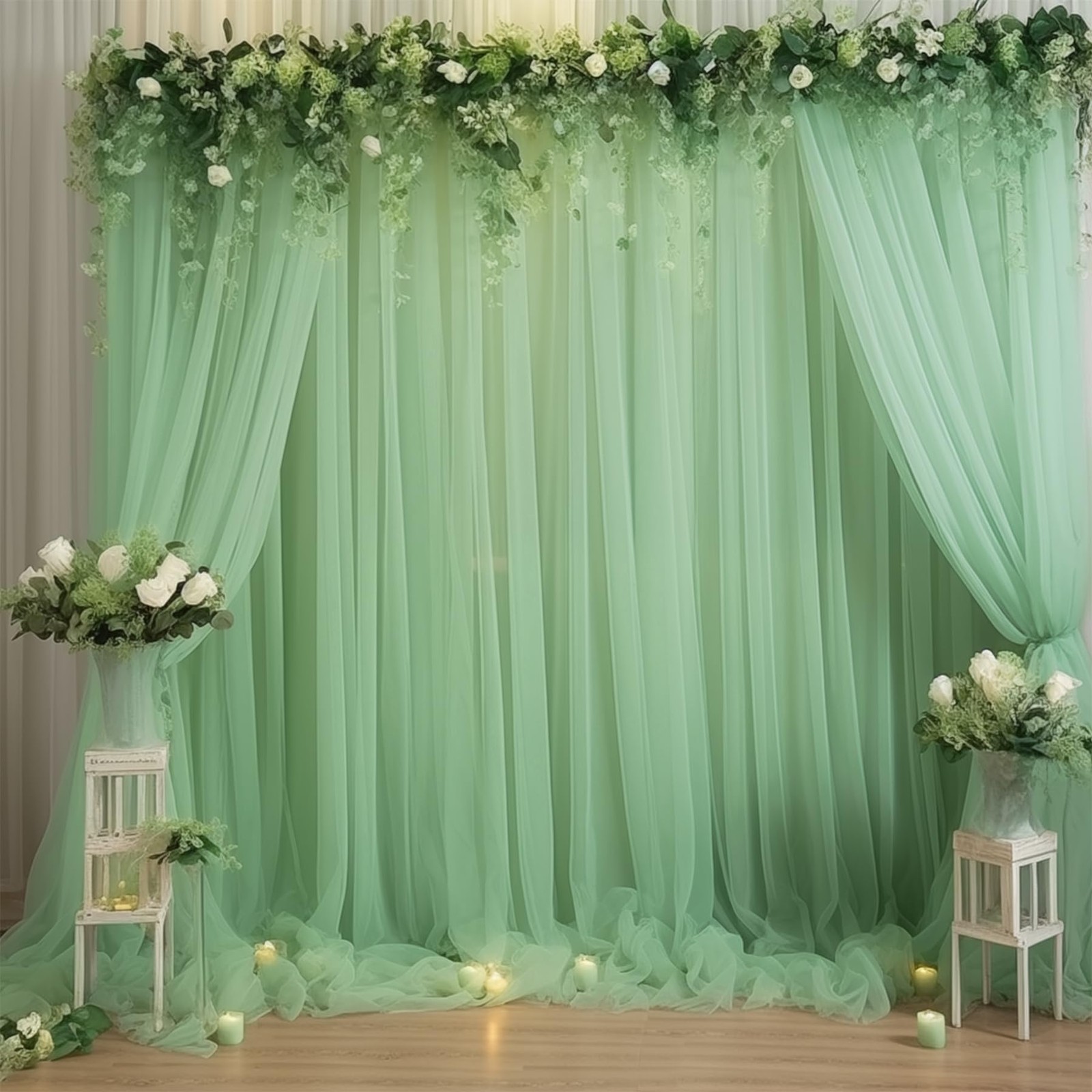 20×10 FT Green Tulle Backdrop Curtain Sheer Wedding Photo Background Set