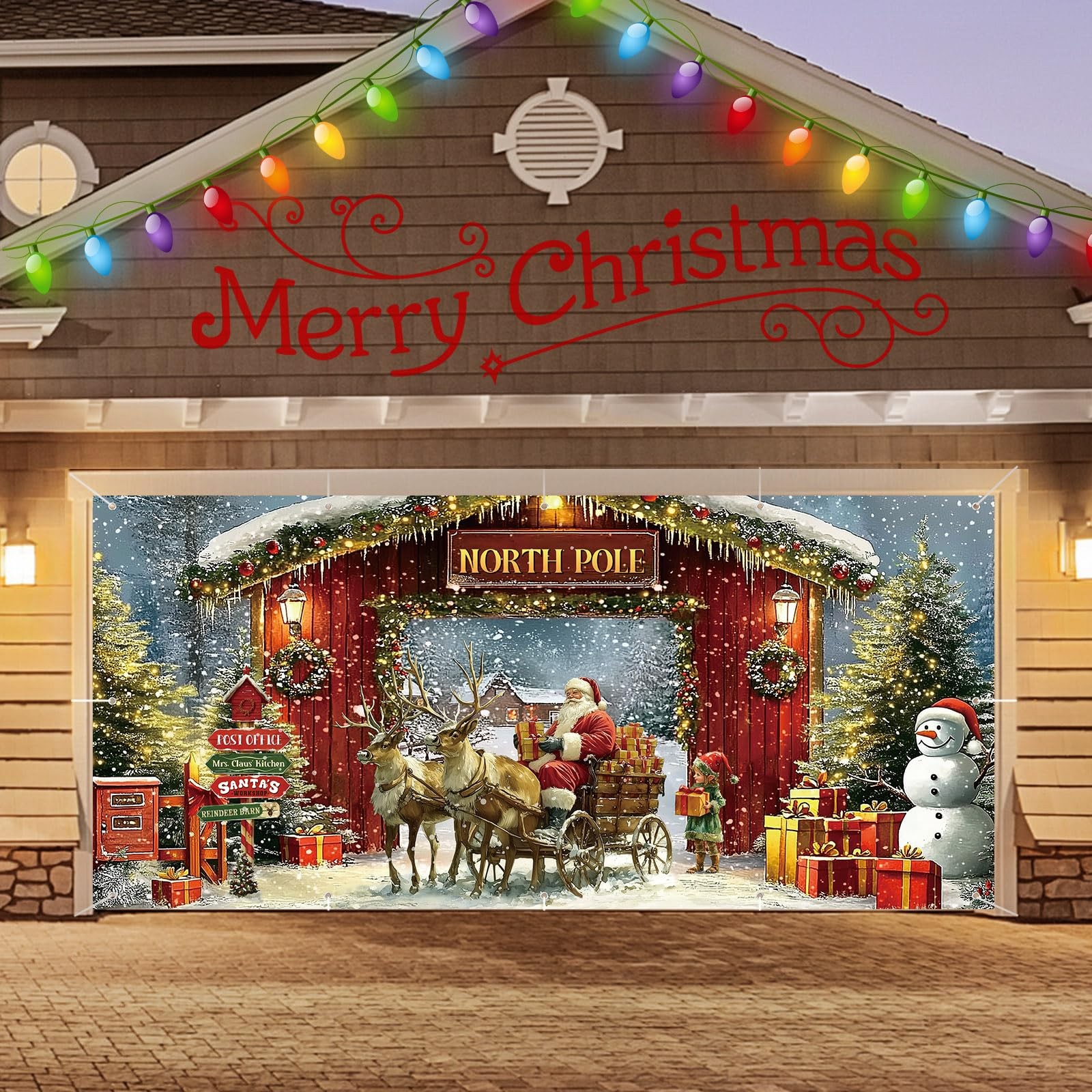 6 x 13 ft Christmas Garage Door Banner Cover North Pole Snowy Xmas Tree Photo…