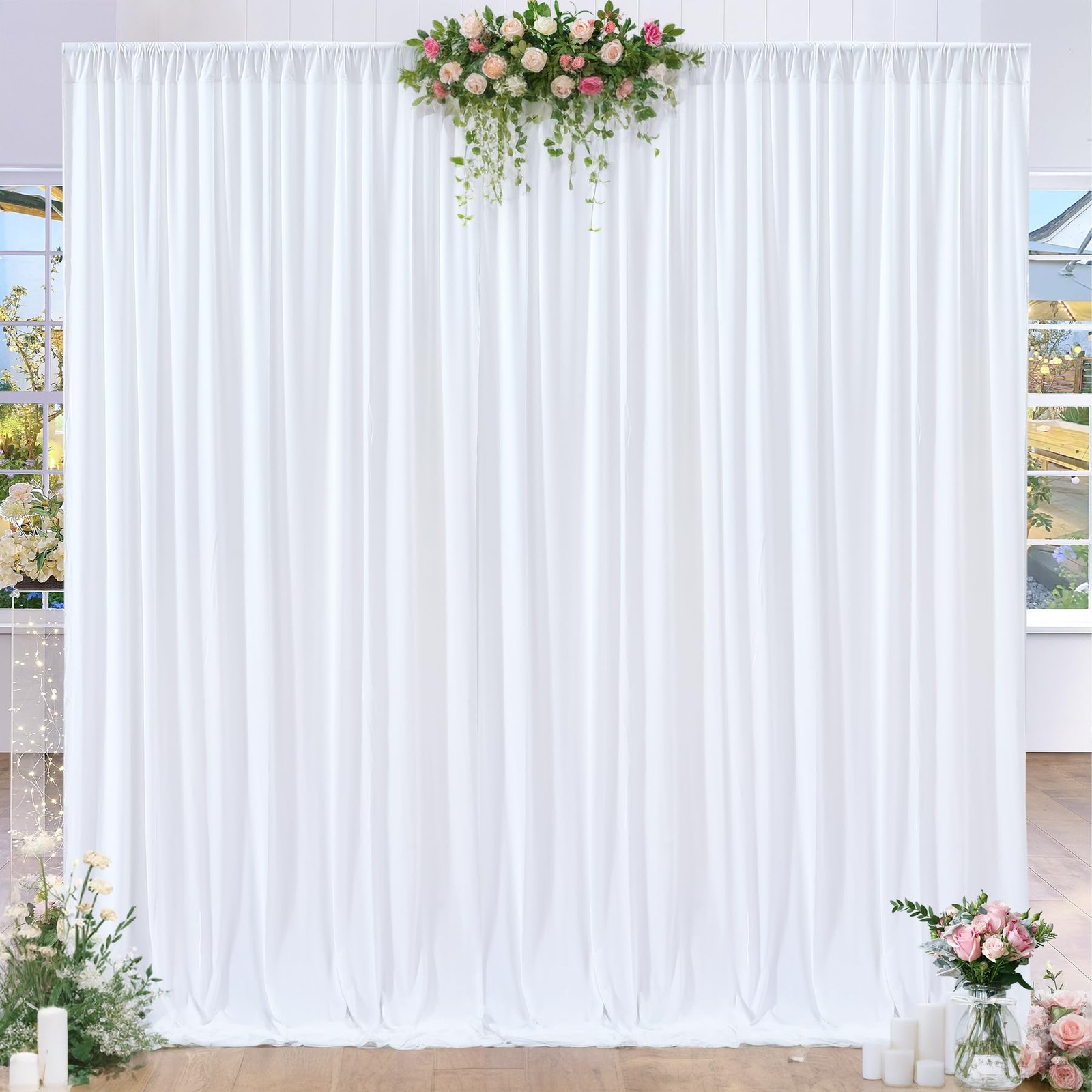 2 Panels White Backdrop Curtains 8×10 Ft Party Wedding Photo Soft Fabric Decor