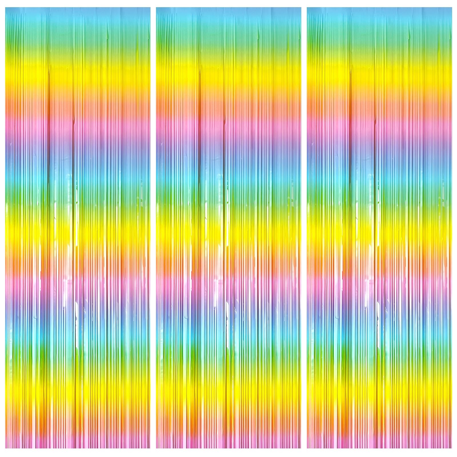 3 Pack Backdrop Pastel Rainbow Foil Fringe Backdrop Curtains Dance Party Deco…