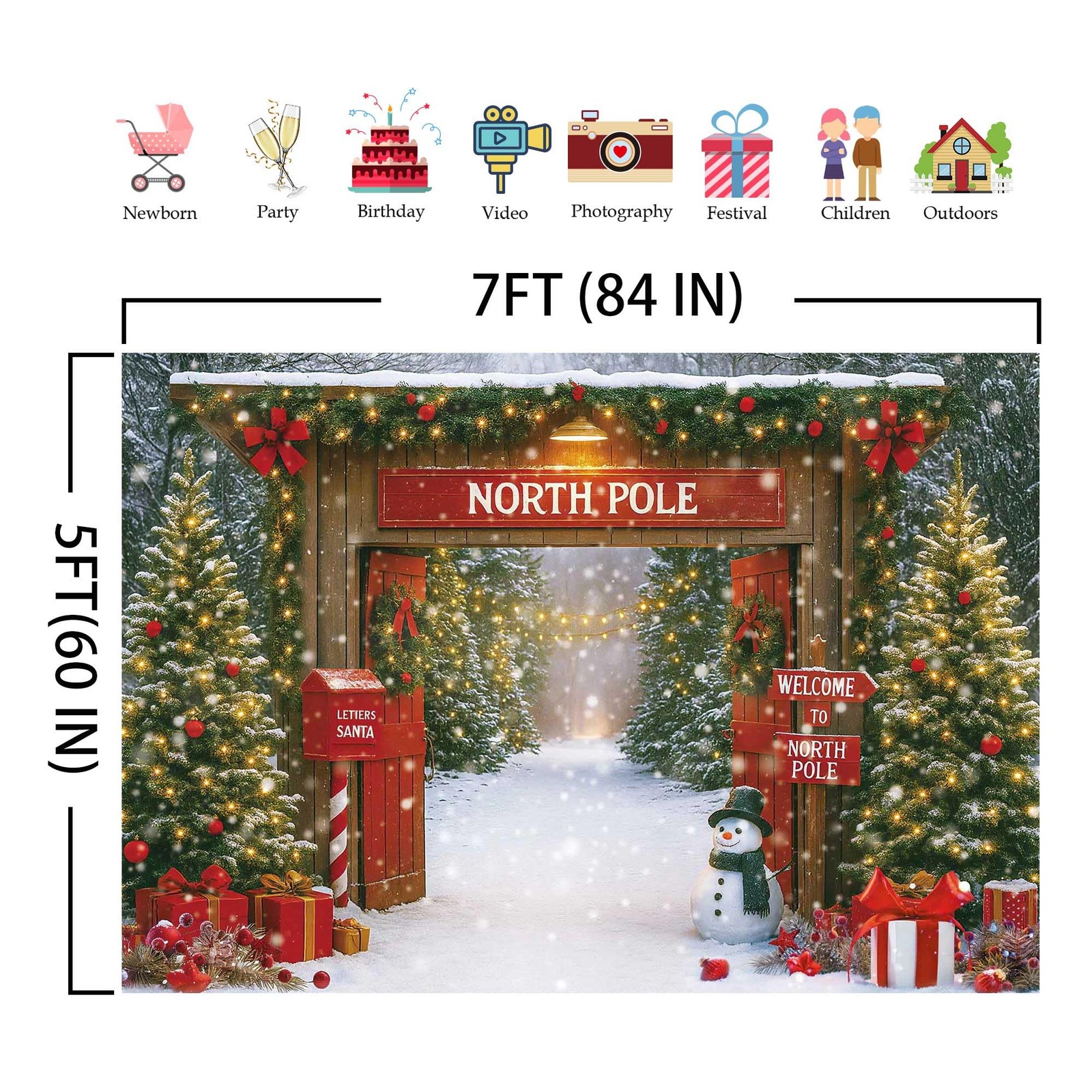 7x5ft Christmas Backdrop, Rustic Snowy Forest, Barn Door, Xmas Tree, Fabric Prop