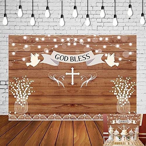 God Bless Baptism Backdrop Rustic Wooden Board Wall Sparkle 5×3 feets, White