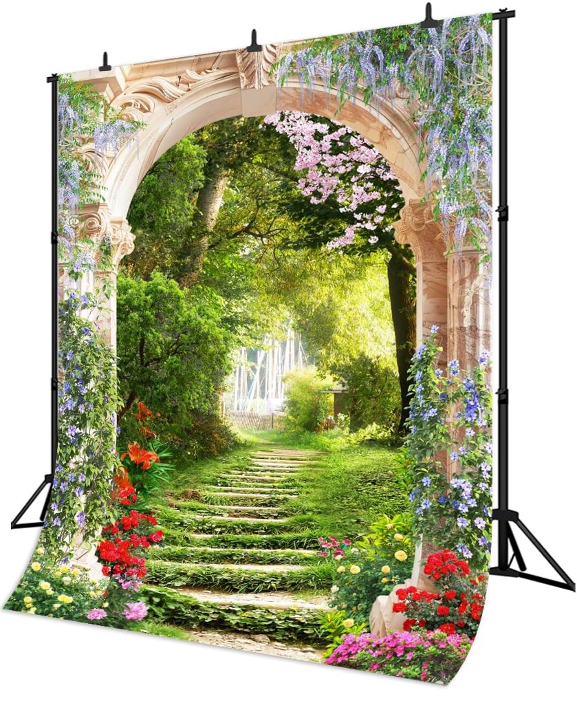3×5 Foot Beautiful Garden Backdrop Spring Blooming Floral Stone Arch Nature