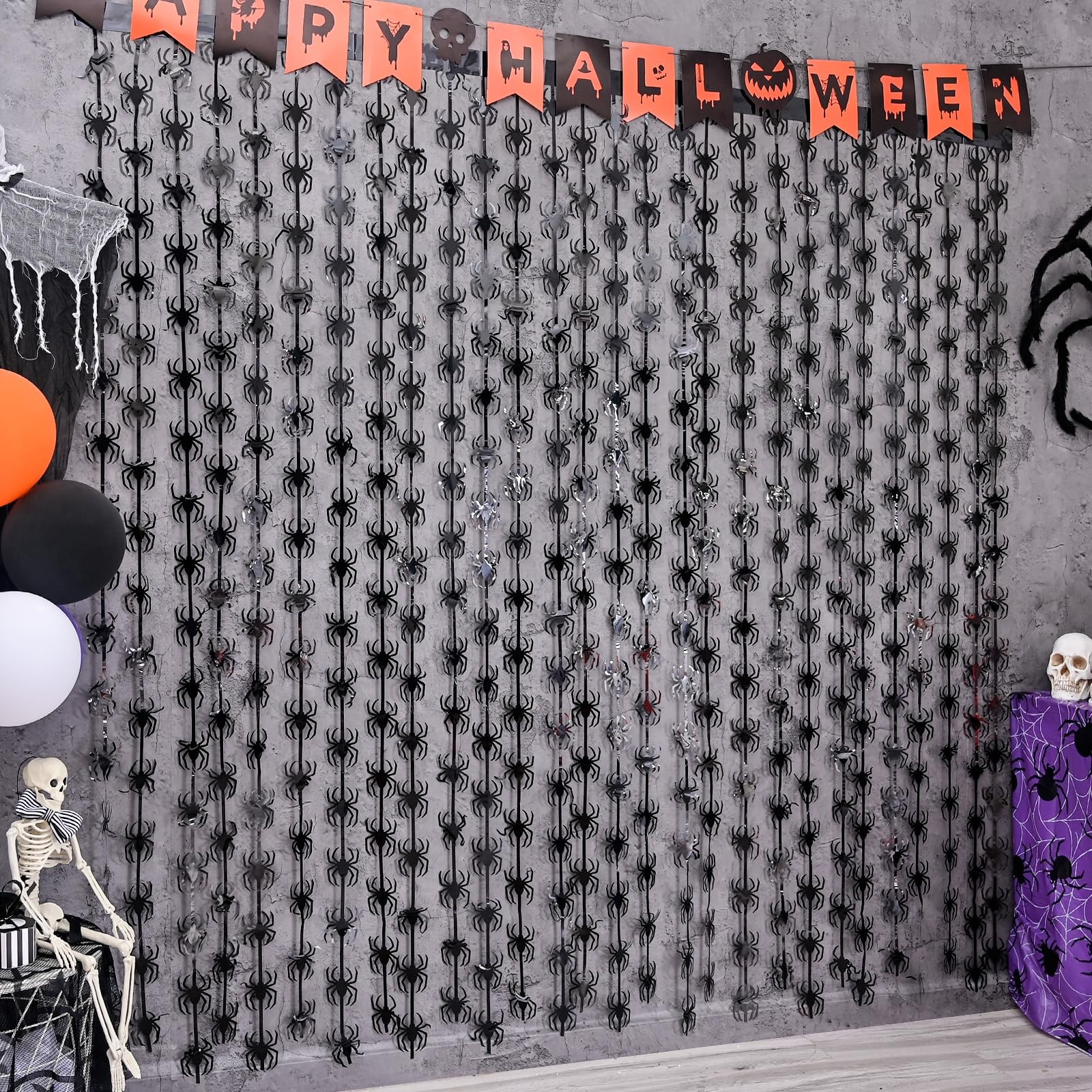 Halloween Spider Tinsel Foil Fringe Curtains 2 PCS Photo Booth Backdrop Decor