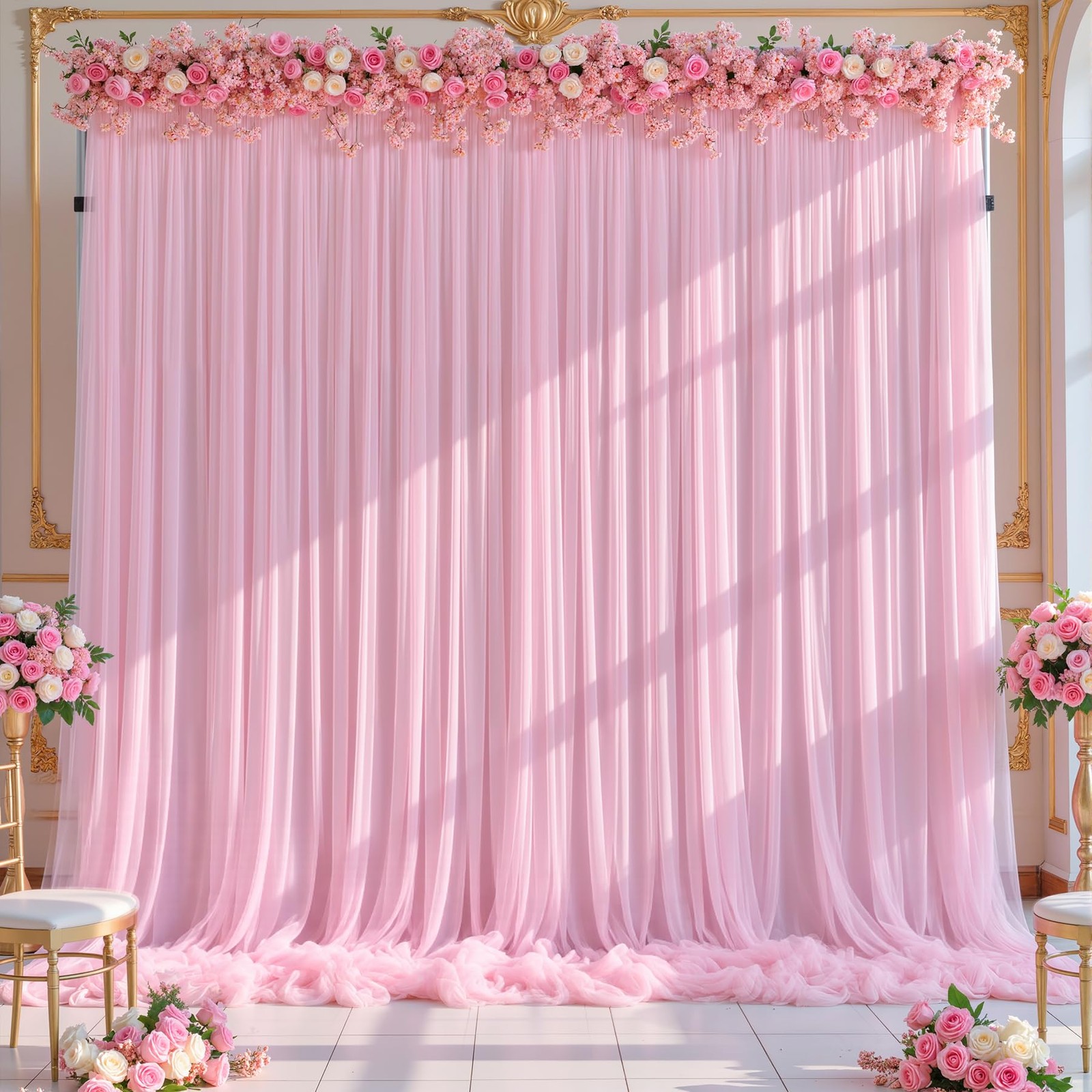 5×10 FT Baby Pink Tulle Wrinkle Free 2 Layer Backdrop Curtains Wedding Drapes