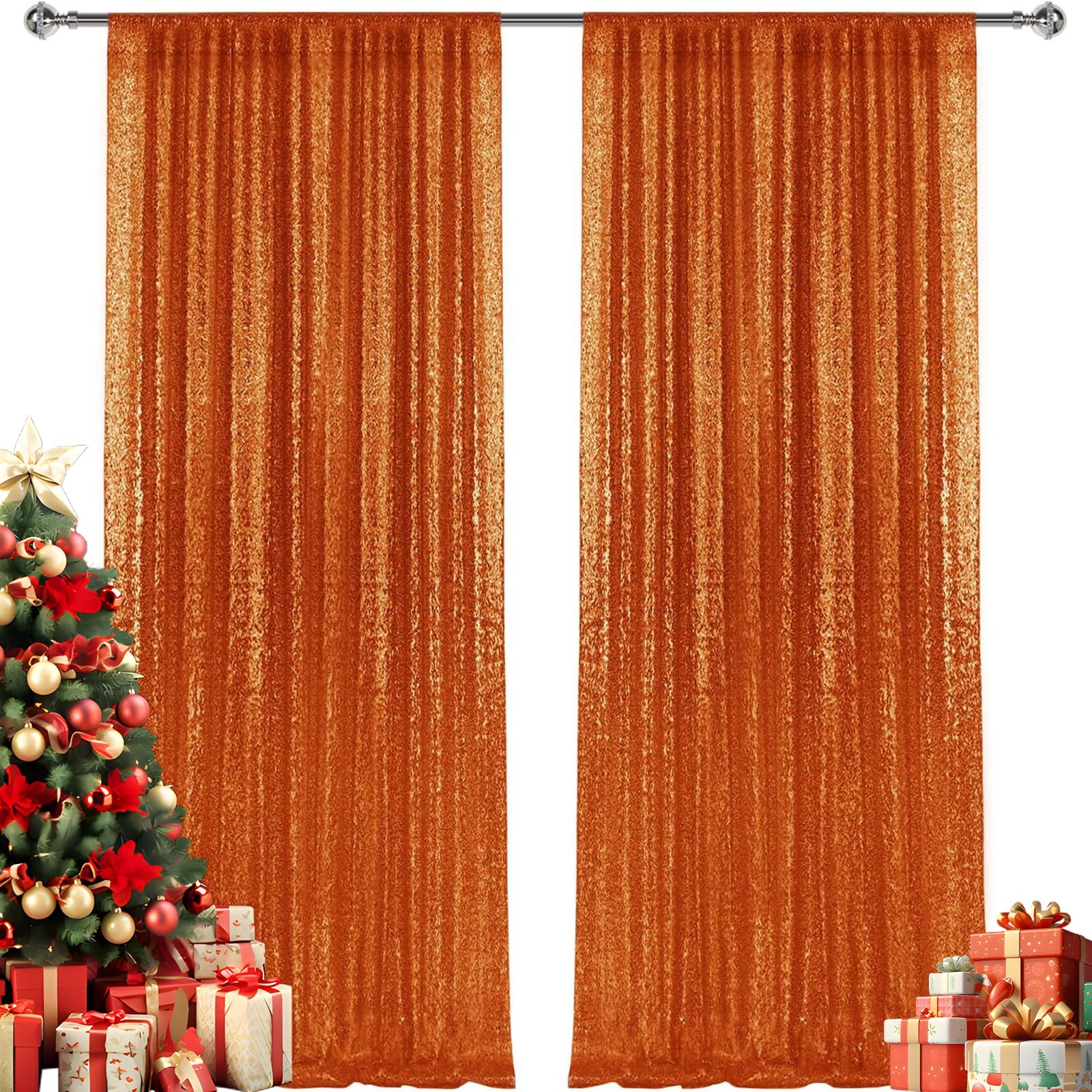 Orange Sequin Backdrop Curtains Glitter Fabric Background 28FT 2 PCS Panels