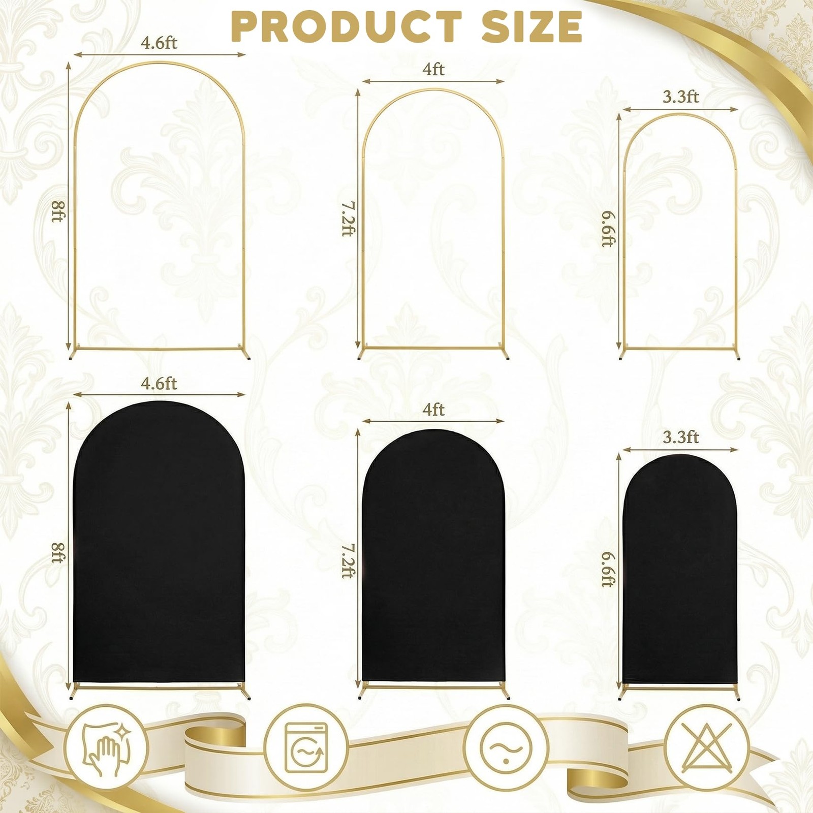 Set of 3 Metal Arch Backdrop Stand with Cover Set, (8FT, 7.2FT, 6.6FT Wedding…