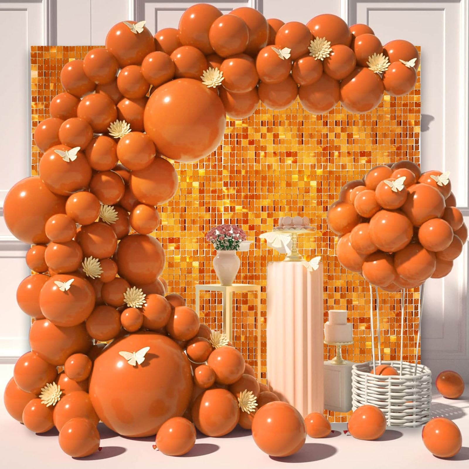 48 PCS Orange Shimmer Wall Backdrop, Square Sequin Photo Backdrops
