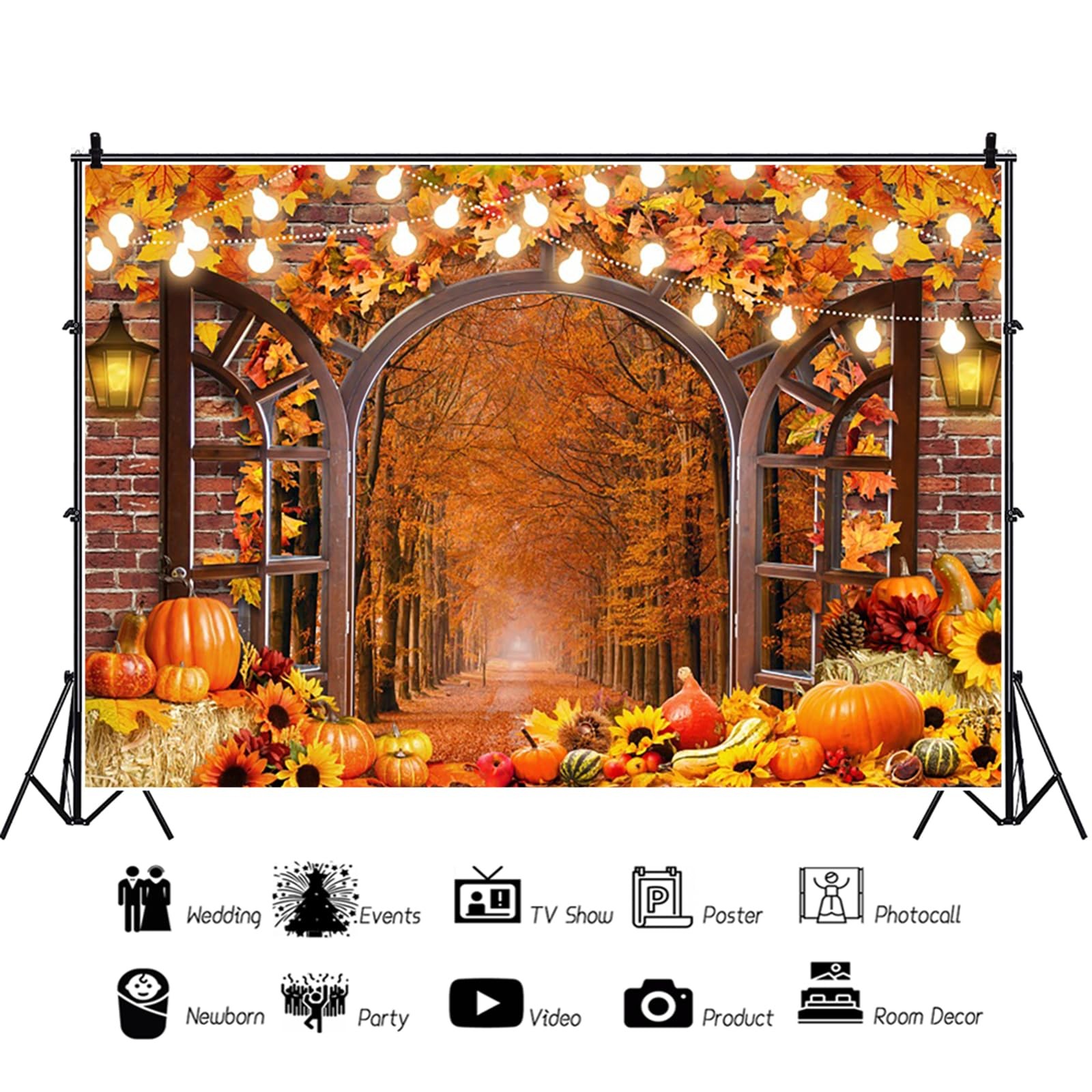 10x8FT Fall Harvest Pumpkin Window Brick Wall Photo Backdrop Party Booth Prop