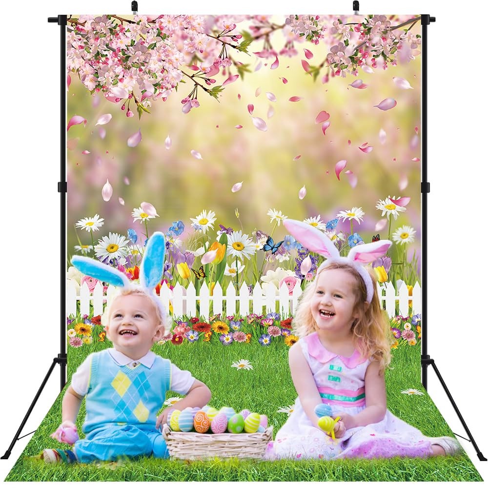 Spring Easter Backdrop 5×7 Ft Pink Flowers Green Lawn Photography Background