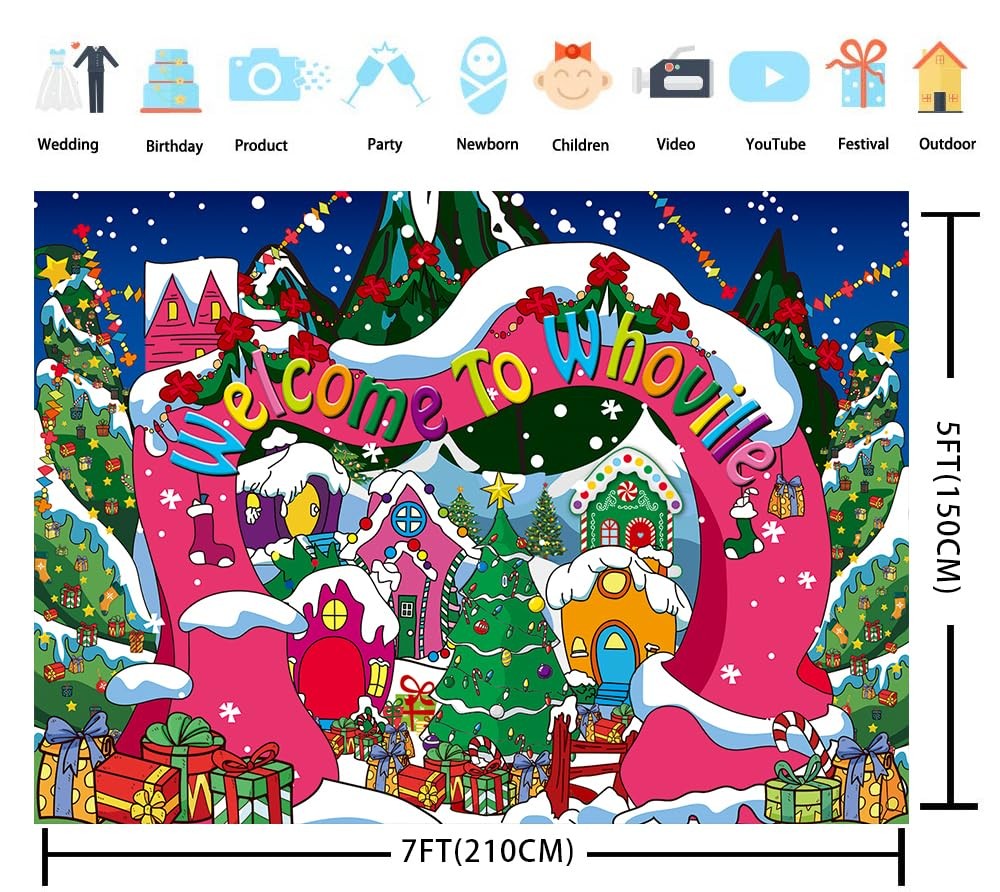 Welcome to Whoville Backdrop 7x5FT Winter Christmas Village 7x5FT, blue