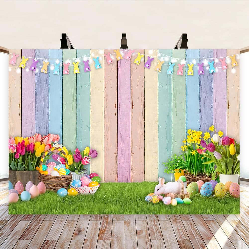 Easter Colorful Wood Backdrop Spring Flowers Green Lawn 7x5FT（210x150cm）