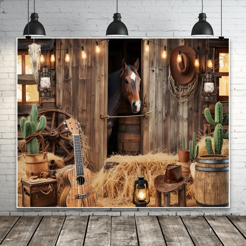 Wild West Cowboy Party Backdrop 10x8ft Rustic Barn Door Background with Horse…