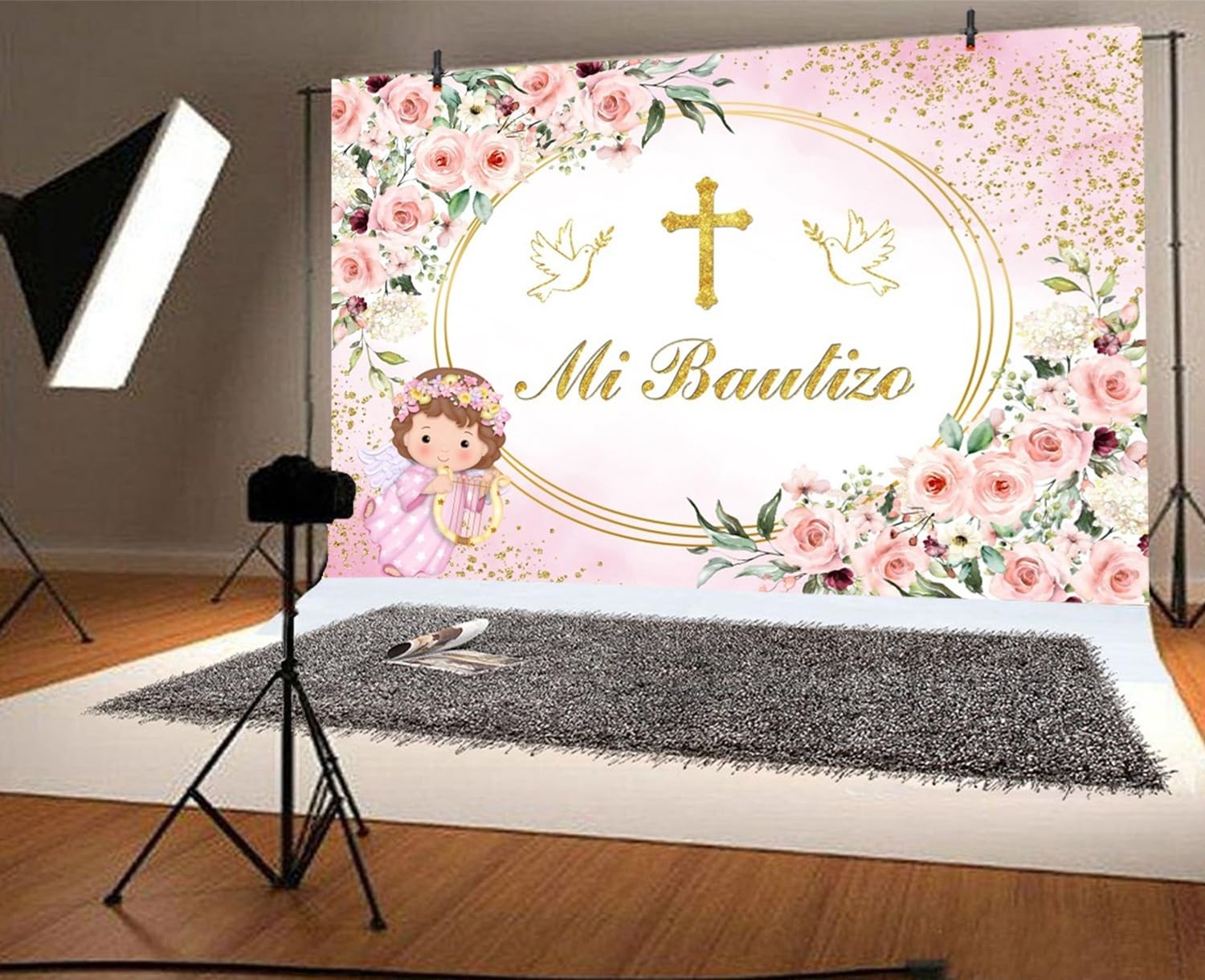 7x5ft Mi Bautizo Baptism Backdrop God Bless First Holy Communion Girls Gold C…