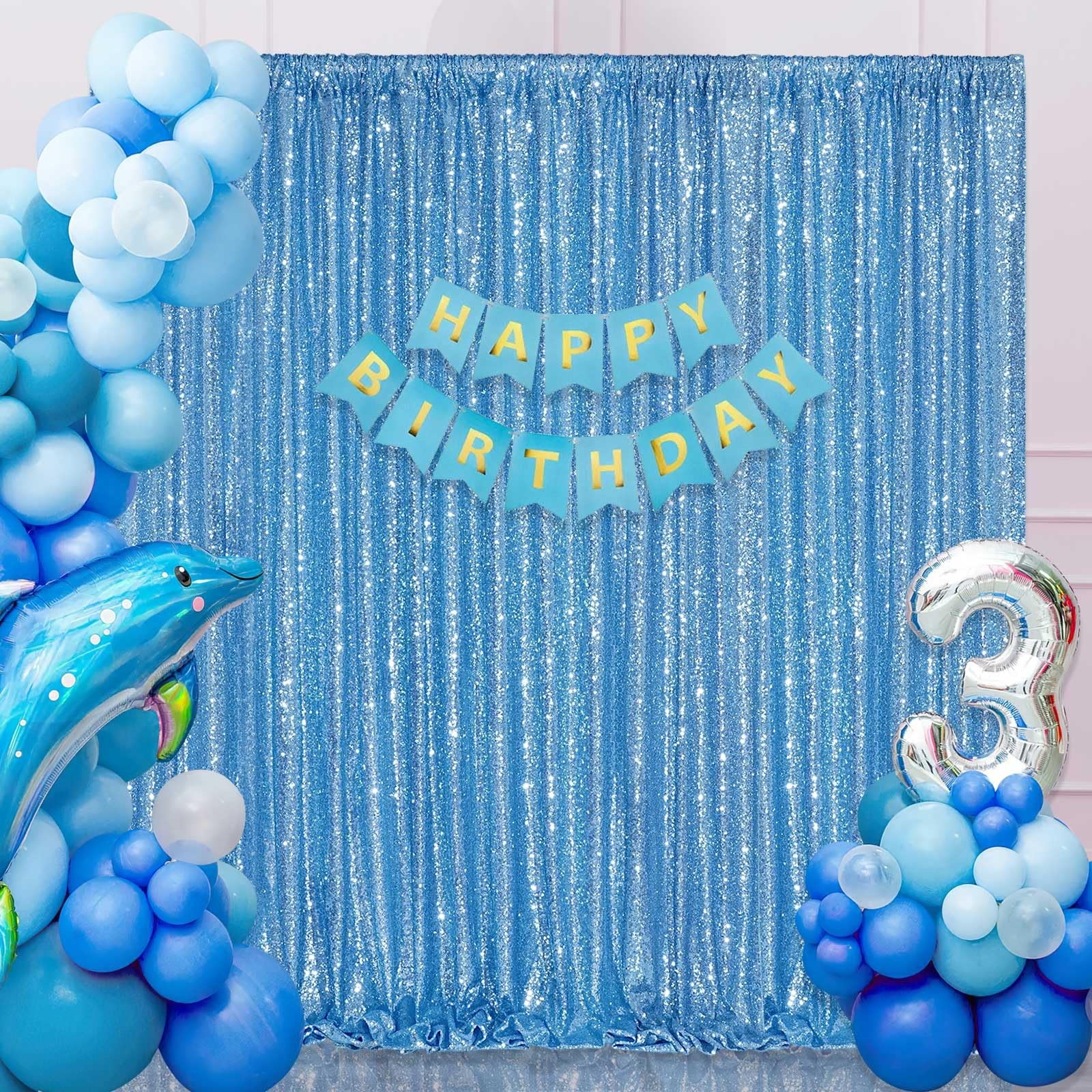 Baby Blue Glitter Shimmer Sequin Party Photo Backdrop Curtain 8×8 Ft Panel