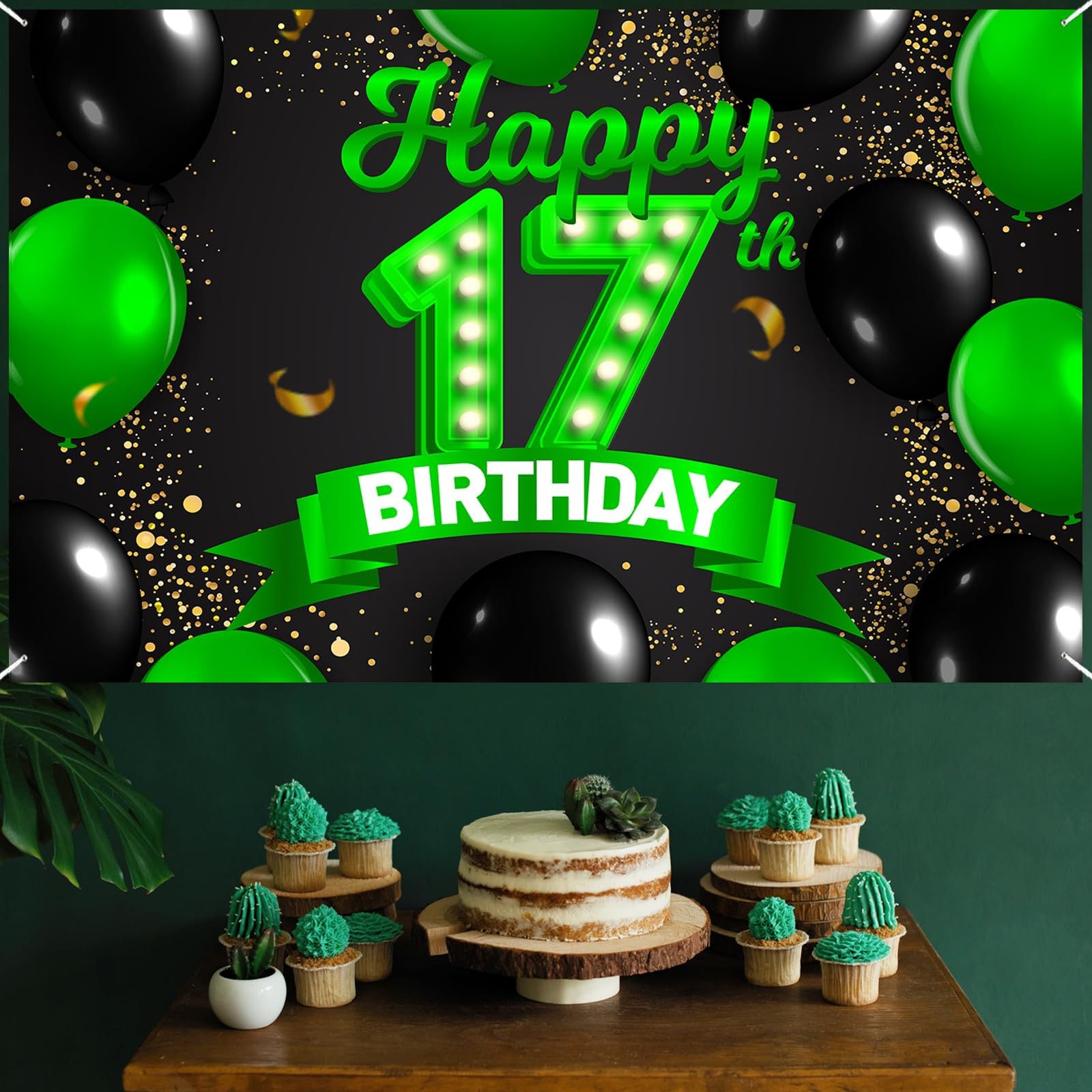 Happy 17th Birthday Green and Black Banner Backdrop Cheers to 17 17, Multi
