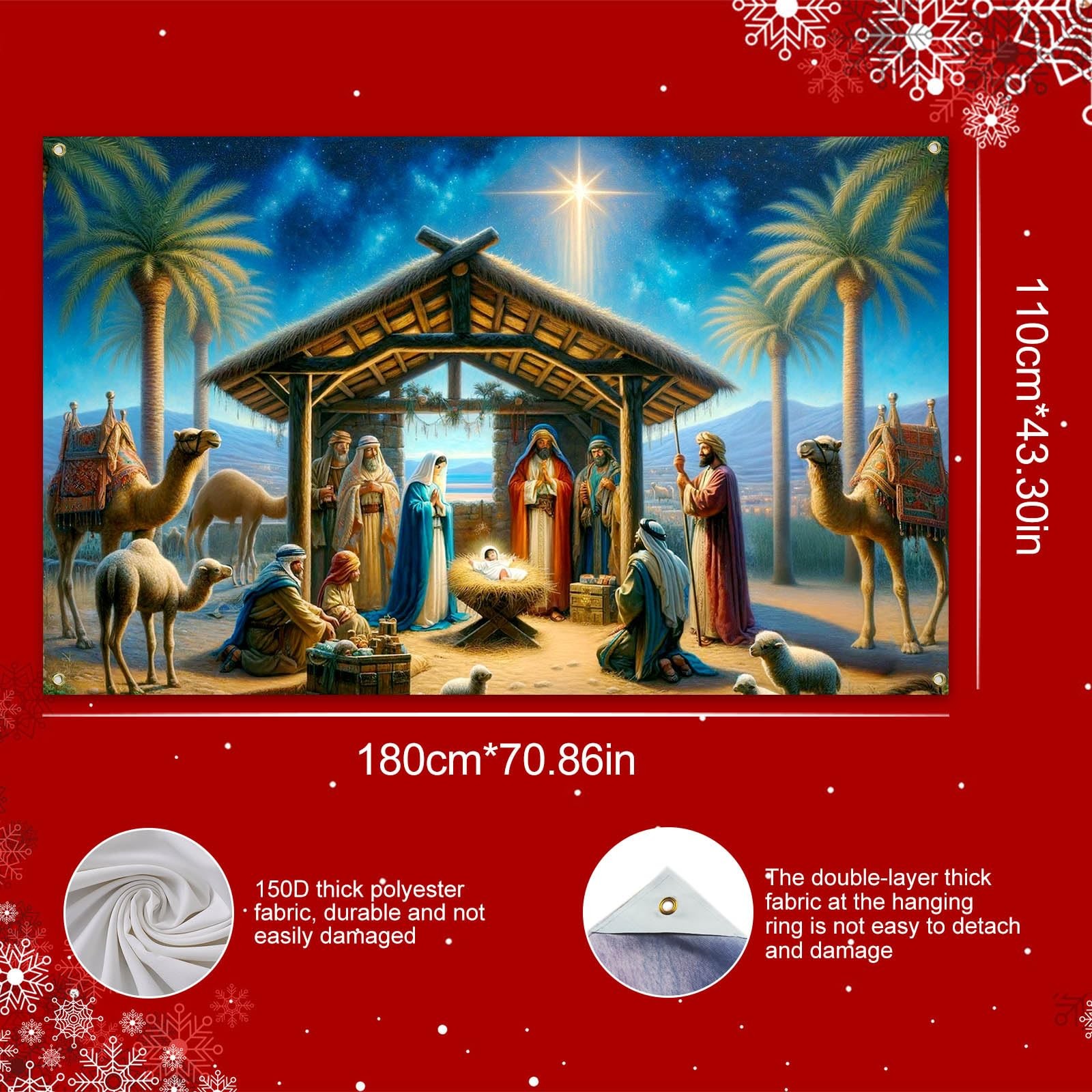 Nativity Scene Christmas Banner 71×43 Inch Holy Night Jesus Birth Backdrop wi…