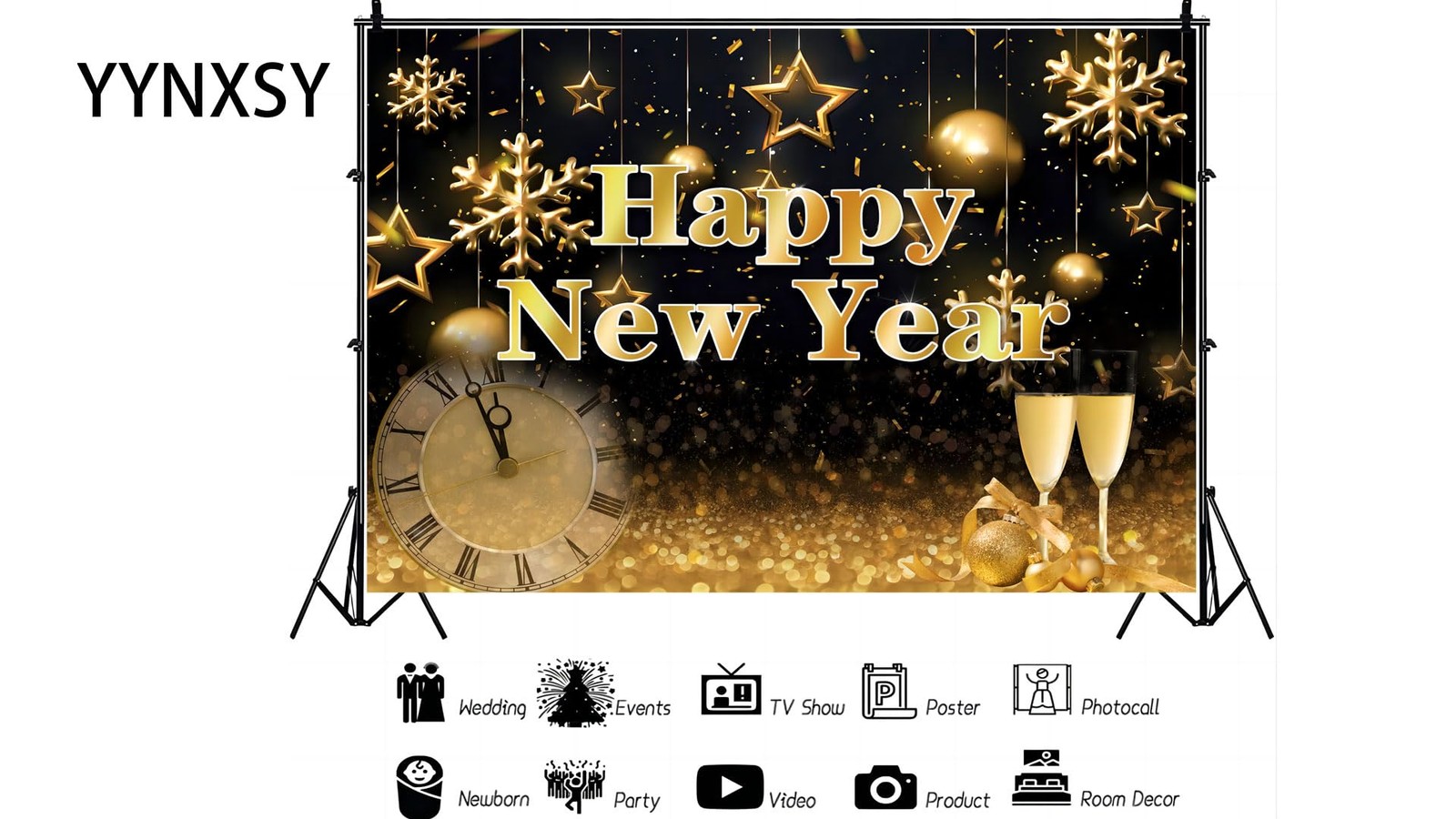 YYNXSY 7x5FT Happy New Year Backdrop Black and Gold Photography 7X5FT,