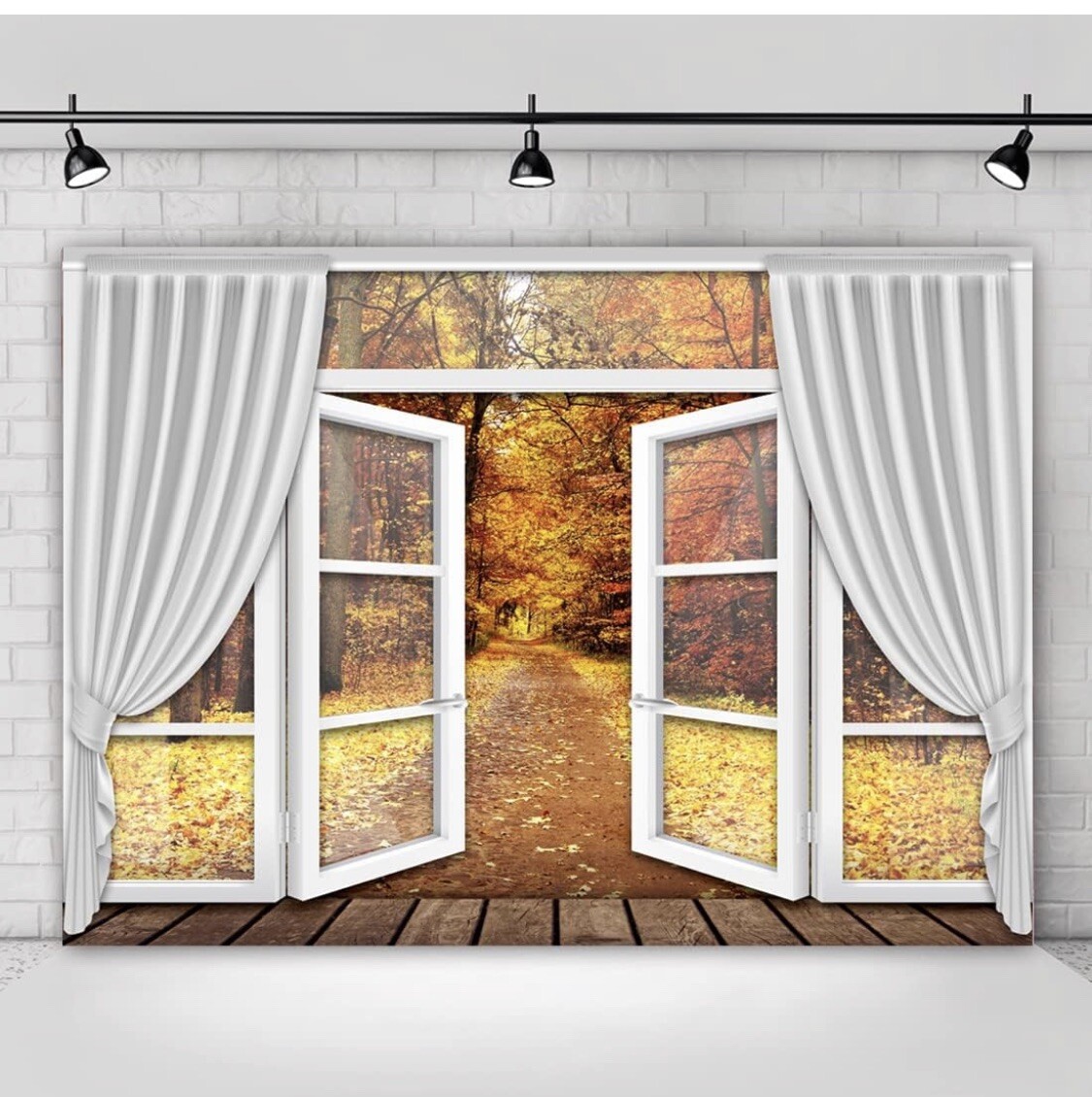 Autumn Forest Photography Backdrop 7 X5 Ft White French Window Curtain Fall Land