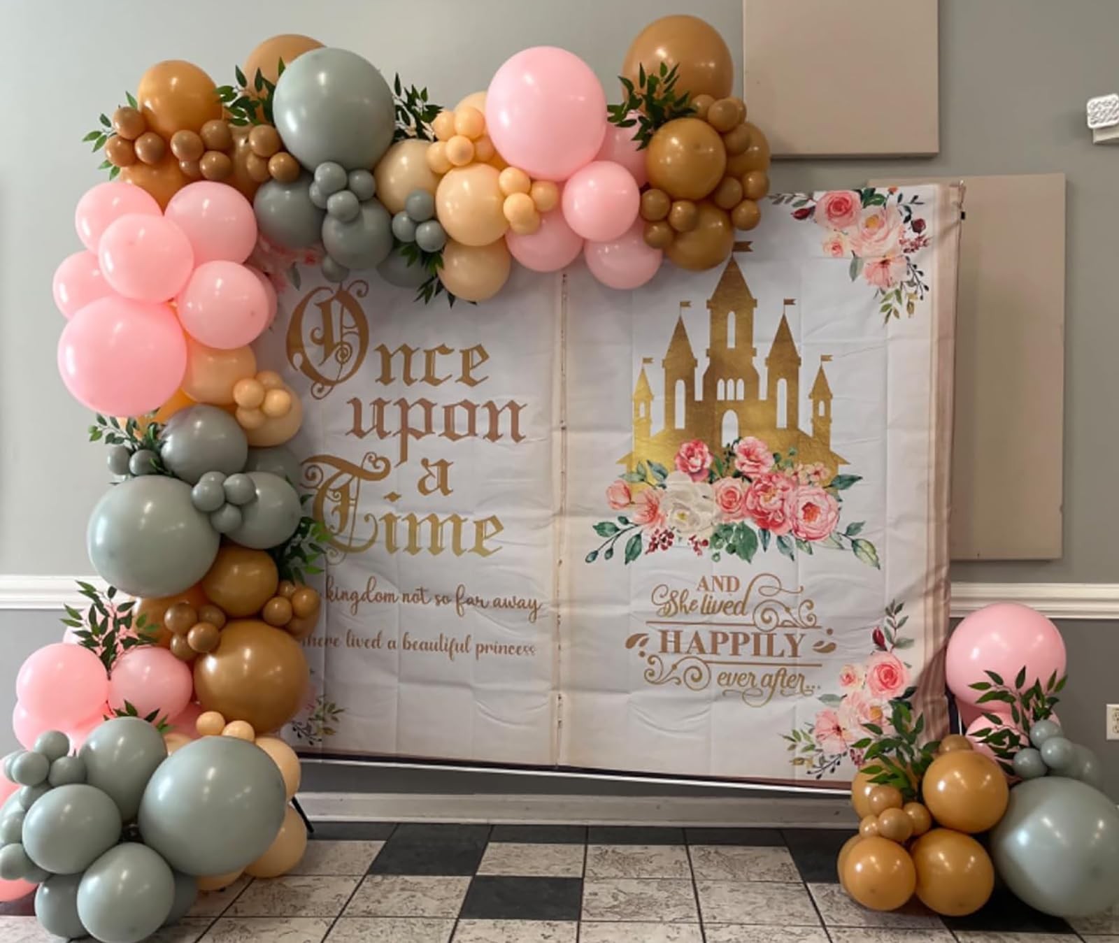 Aumeko Once Upon a Time Backdrop Pink Floral Gold Castle Princess 7x5ft,