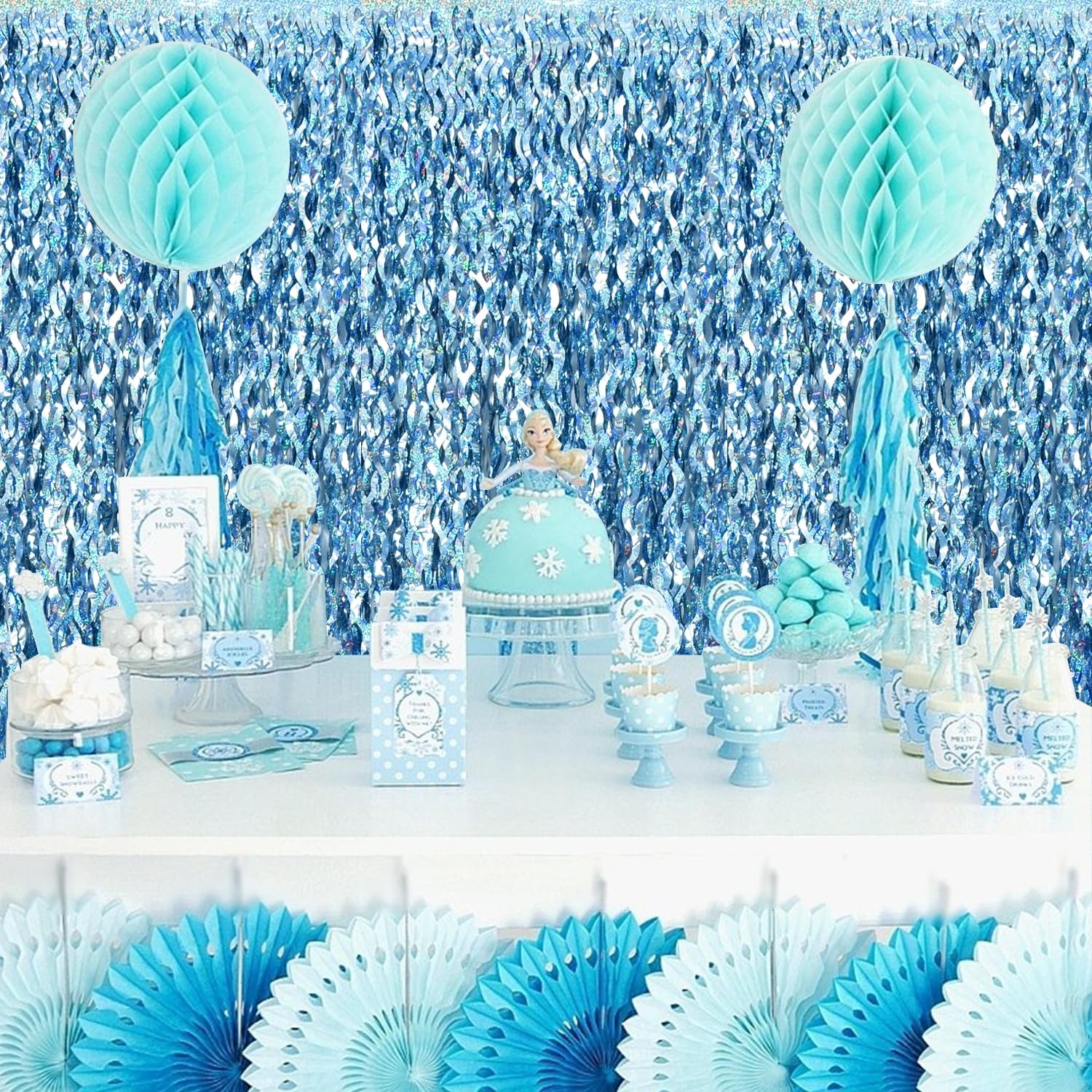 3 PCS Light Blue Wavy Metallic Tinsel Foil Fringe Curtains 9.9×6.6 FT