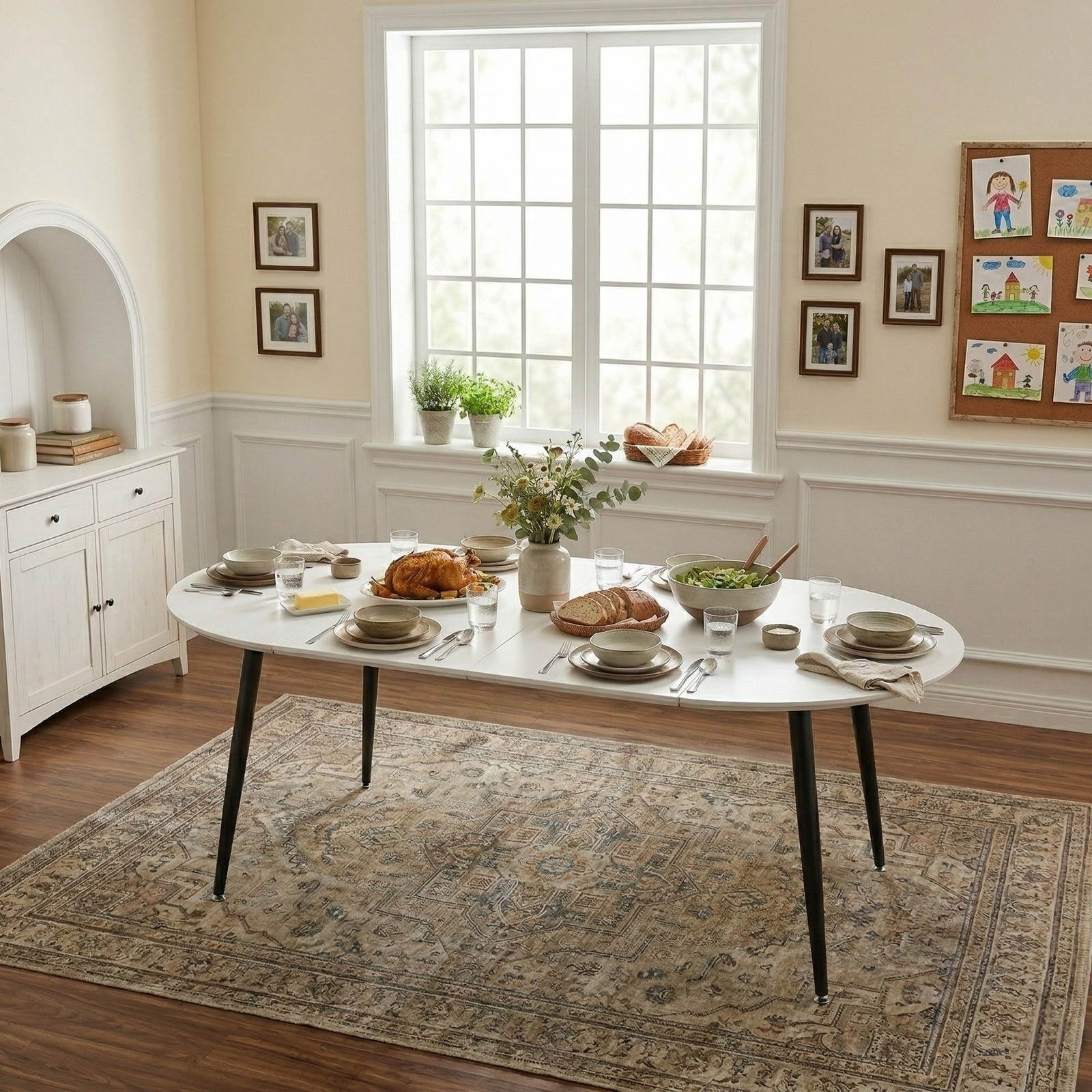 White MDF Extendable Round Dining Table with Black Metal Legs