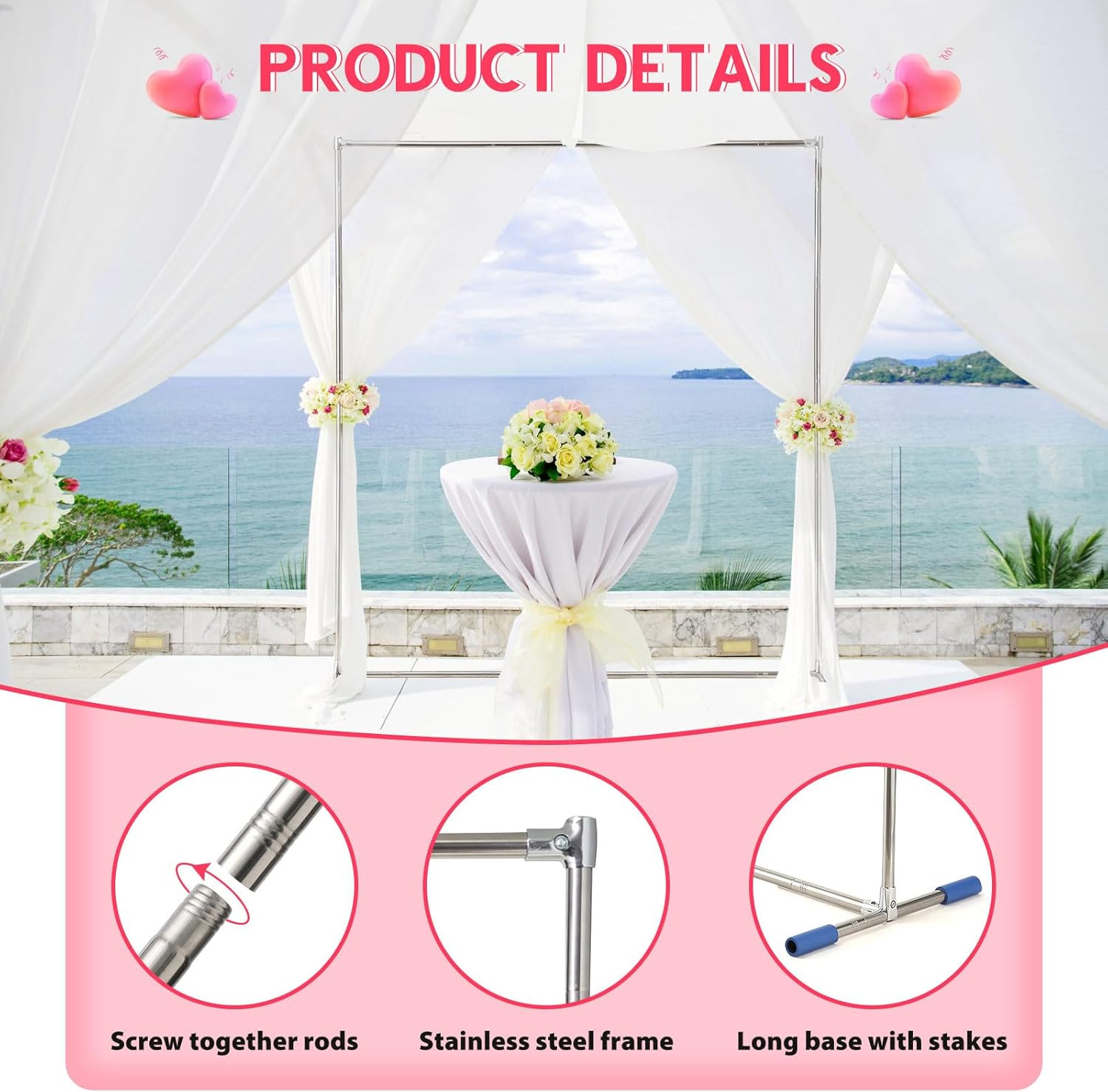 Wedding Arch,7 X 5 FT Metal Arch Backdrop Stand with Support Feet Base,Square…