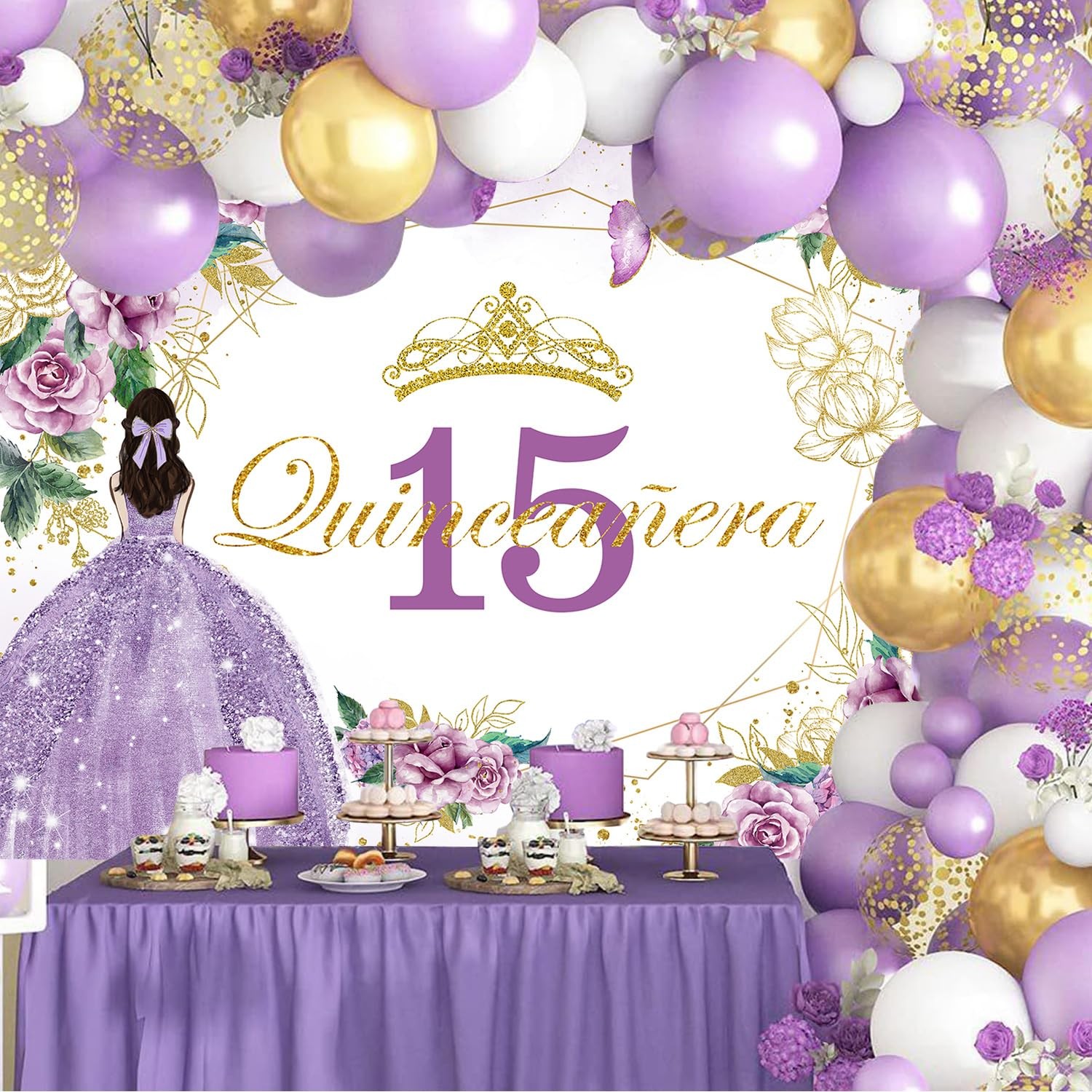 Withu Quinceañera 15 Birthday Backdrop Shiny Gold Purple Floral 7x5ft,