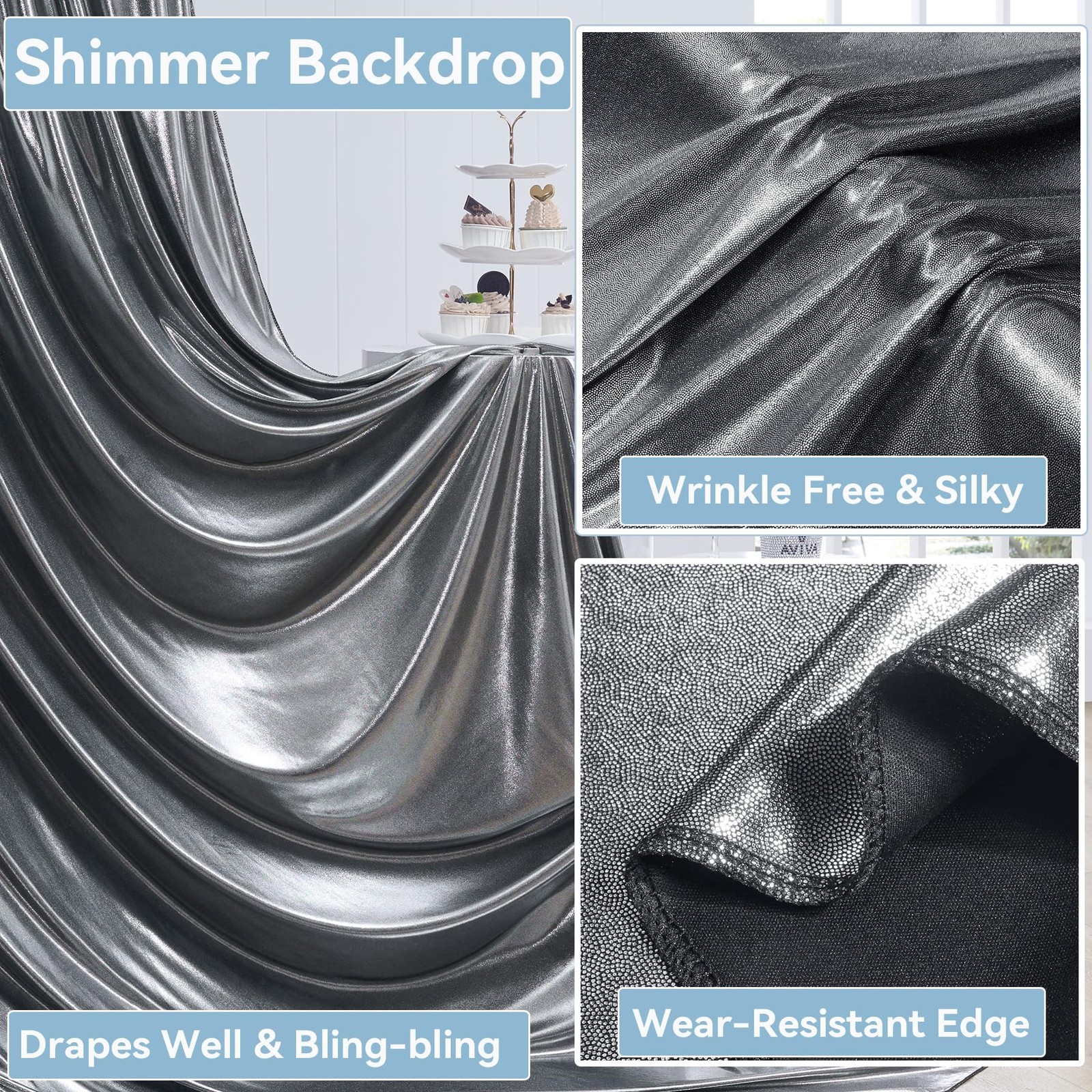 40×10 ft Wrinkle Free Black Silver 5ft(W)x10ft(H)_8 Panels,