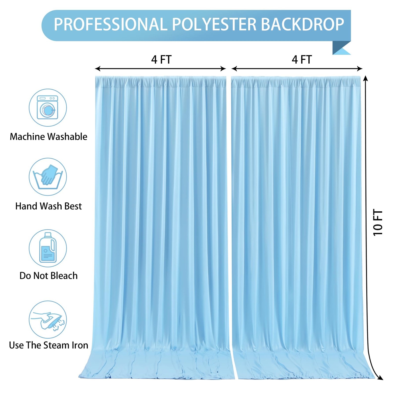 2 PCS Light Blue Wrinkle Free Polyester Photography Backdrop Curtain 8×10 Ft