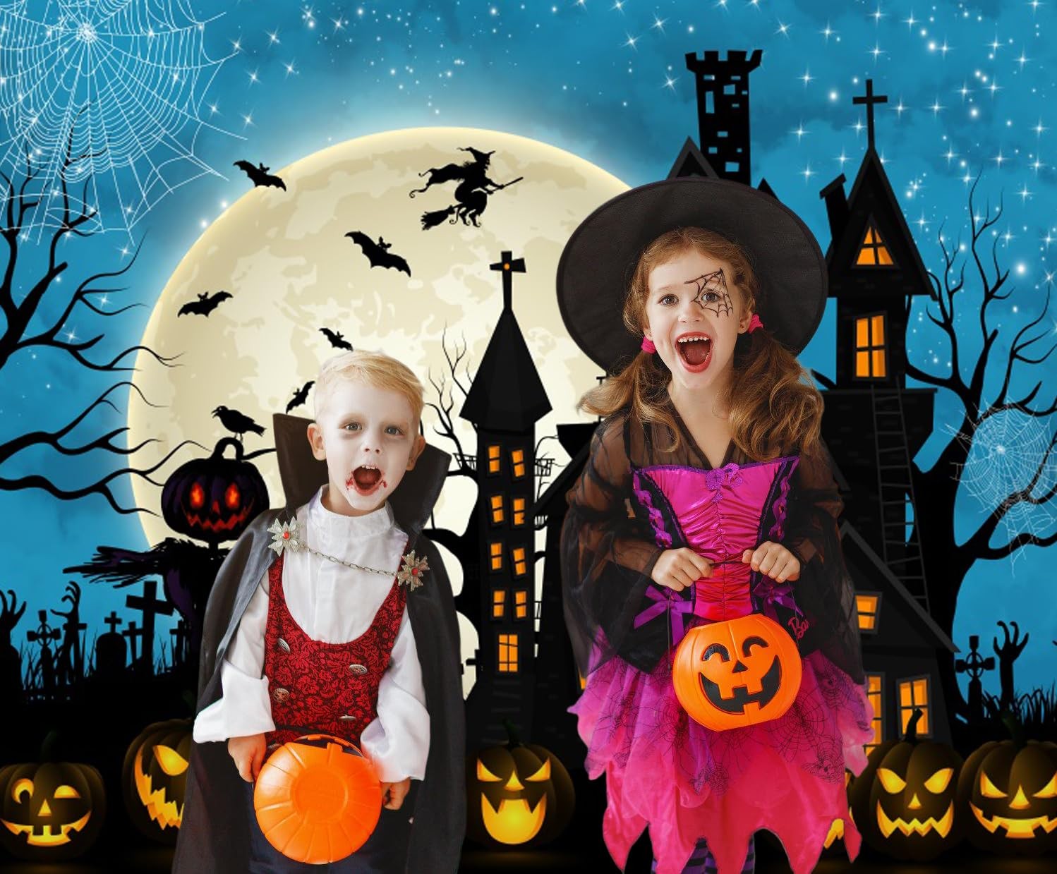 10×8 FT Halloween Backdrop Haunted House Graveyard Pumpkin Castle Party Photo