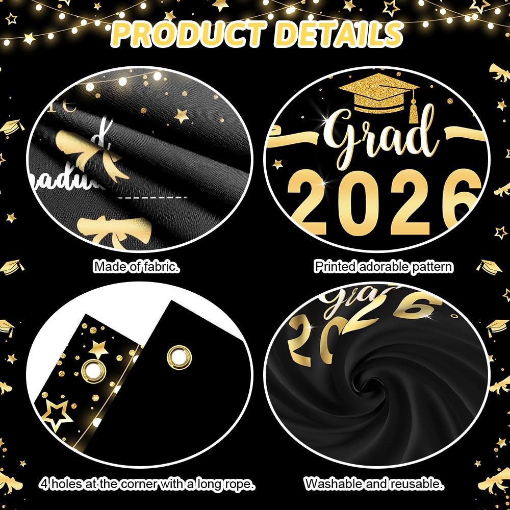 Class of 2026 Graduations Backdrop Black Gold Congrats Party Photo Backgrou