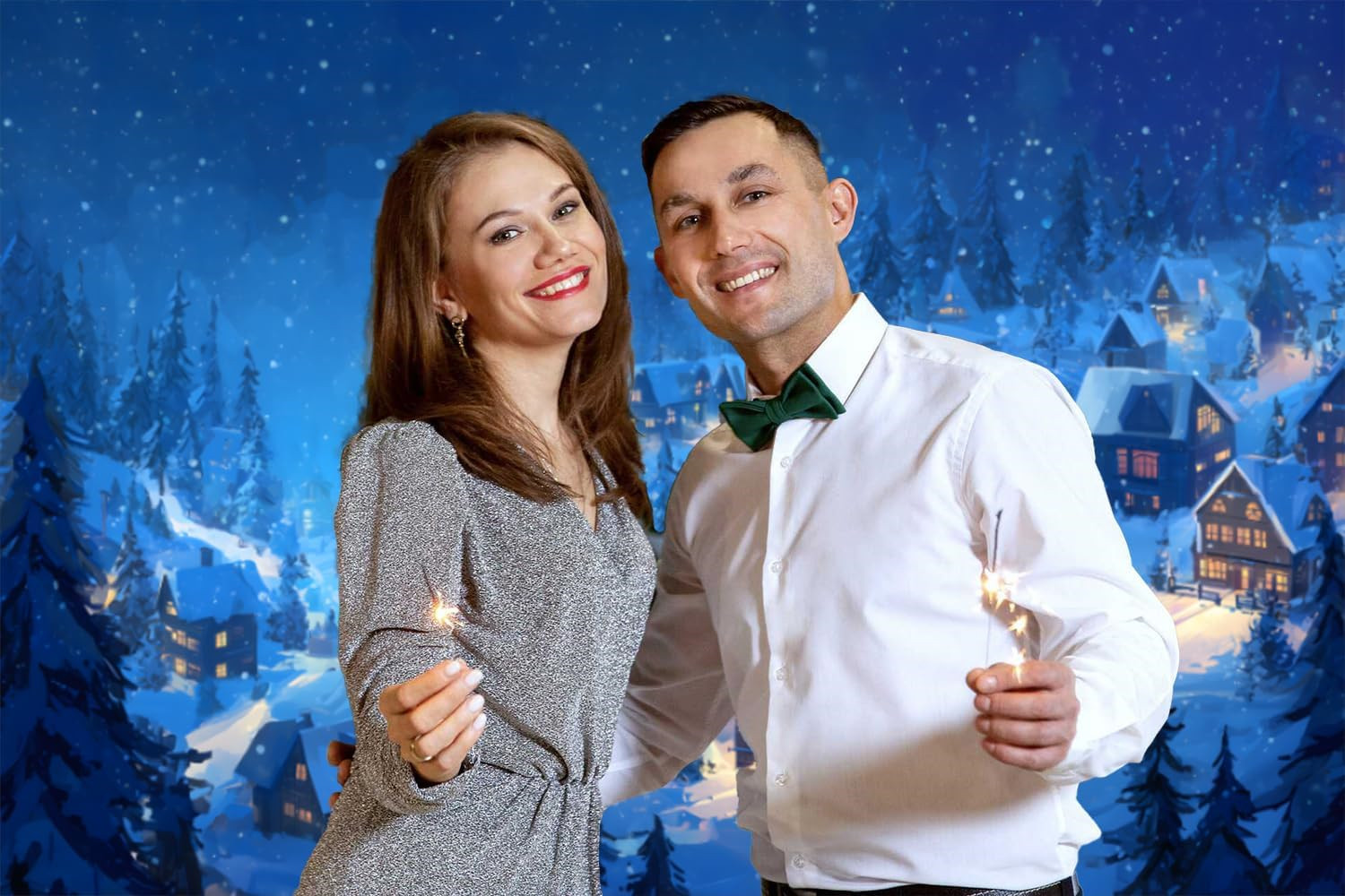 Christmas Village Backdrop 20x10ft Rustic Night View Forest Trees Snowing Lights