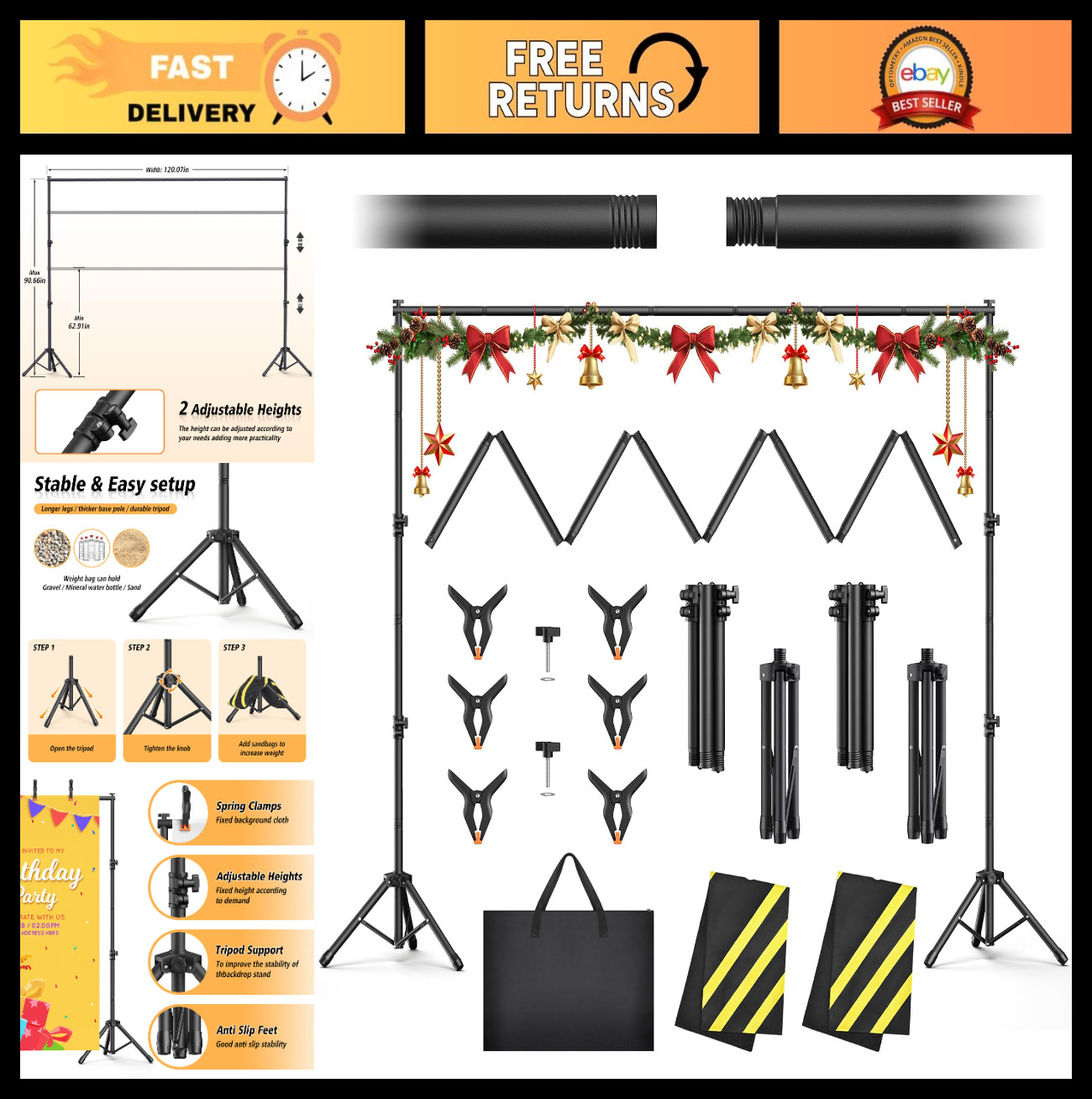 Adjustable 10×7.5ft Heavy Duty Backdrop Stand Kit for Photography & Parties