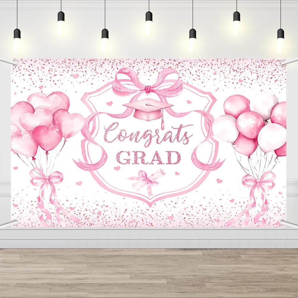 Coquette Congrats Grad Backdrop Pink Bow 2026 Graduation Photography Background